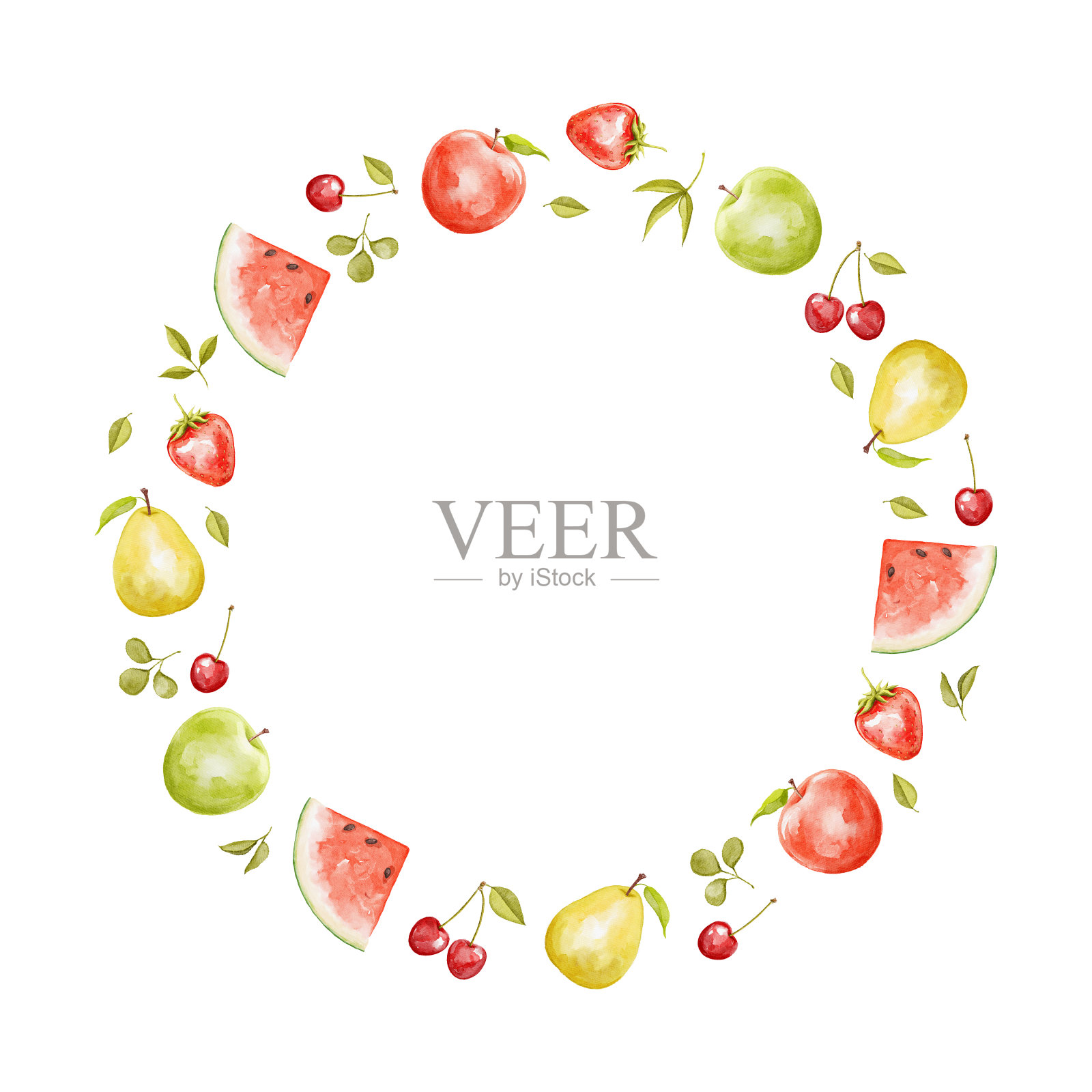 水彩圆形框架与明亮多汁可爱的水果插画图片素材