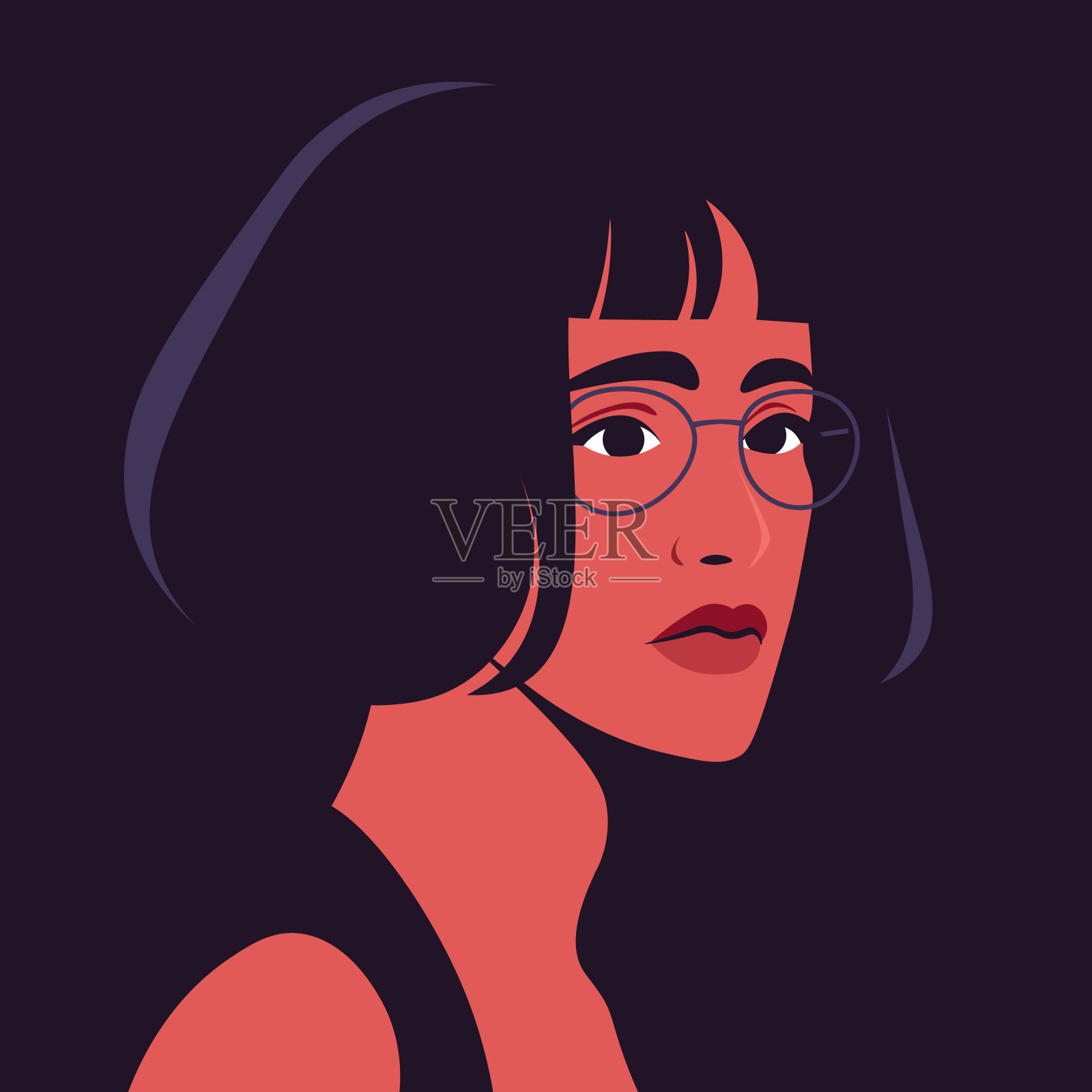 一个戴着眼镜的悲伤年轻女人的肖像。插画图片素材