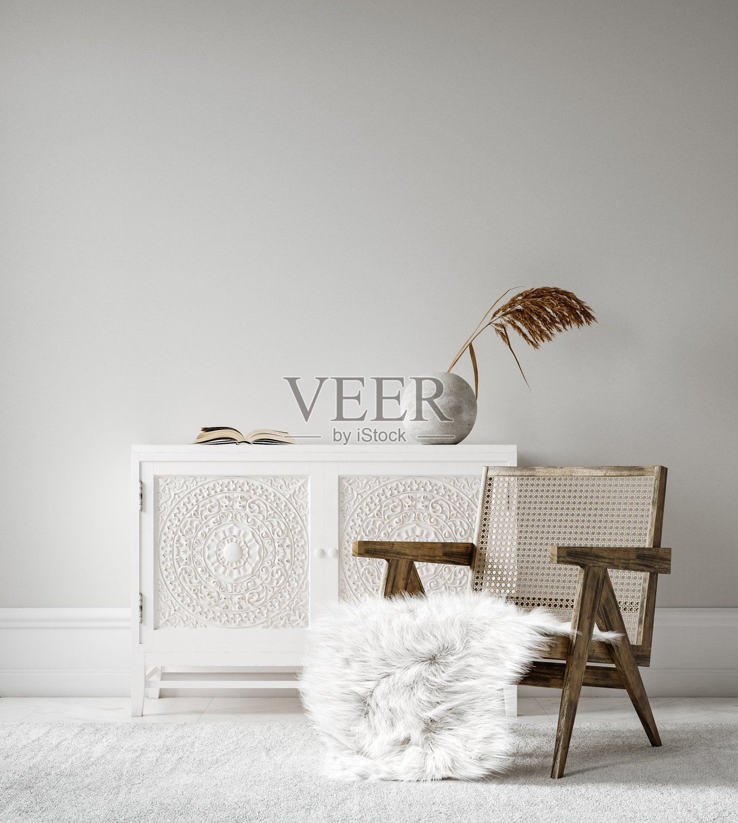极简主义的斯堪的纳维亚波西米亚家庭室内模型，抽屉柜，椅子和客厅的装饰照片摄影图片