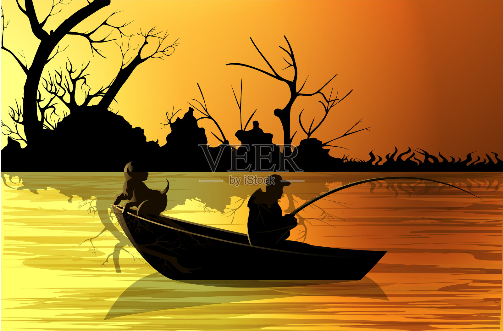 傍晚时分渔夫站在船头和谐惬意自然风景素材设计