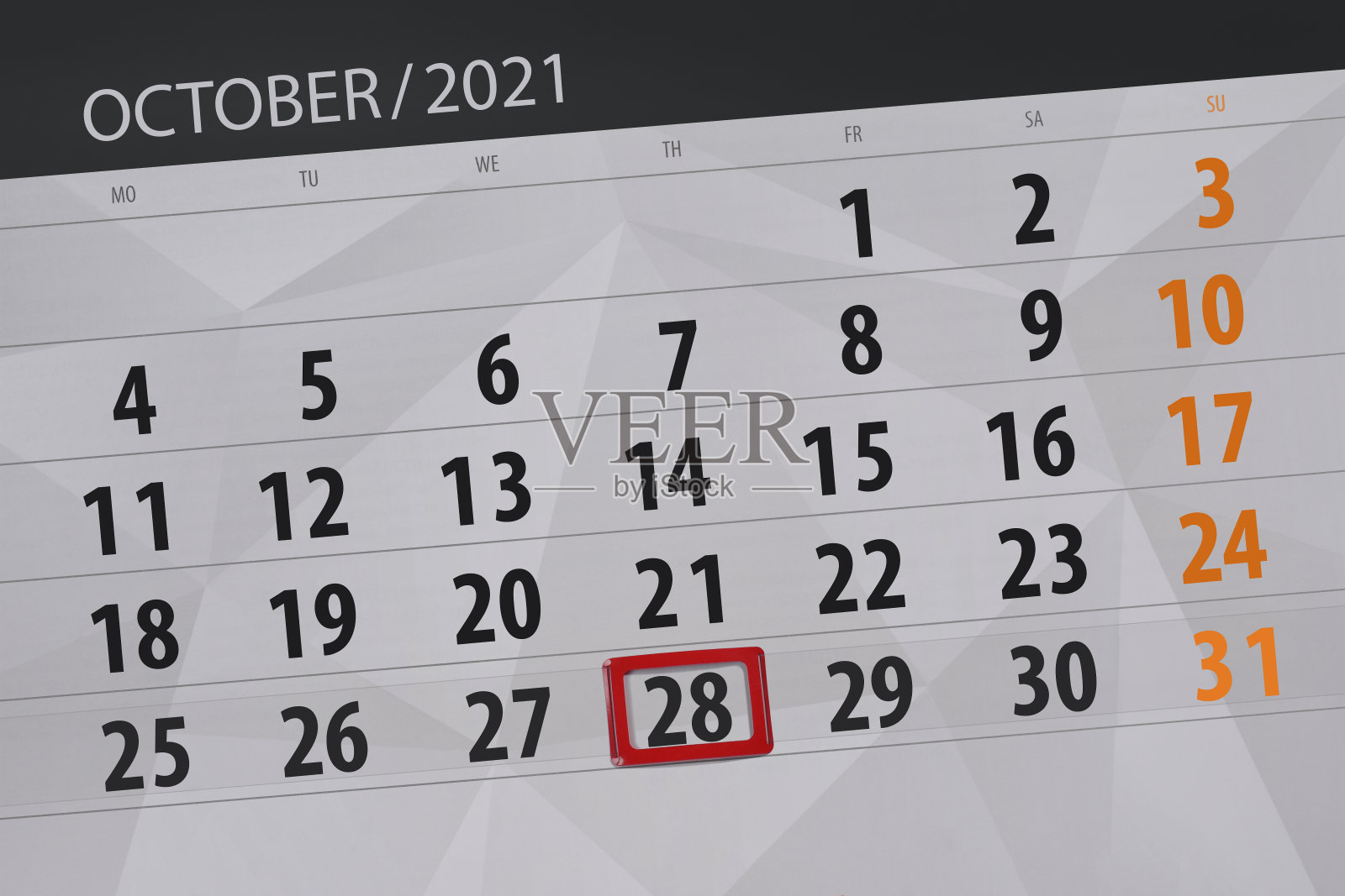 2021年10月的日历计划,截止日期,28日,星期四插画图片素材