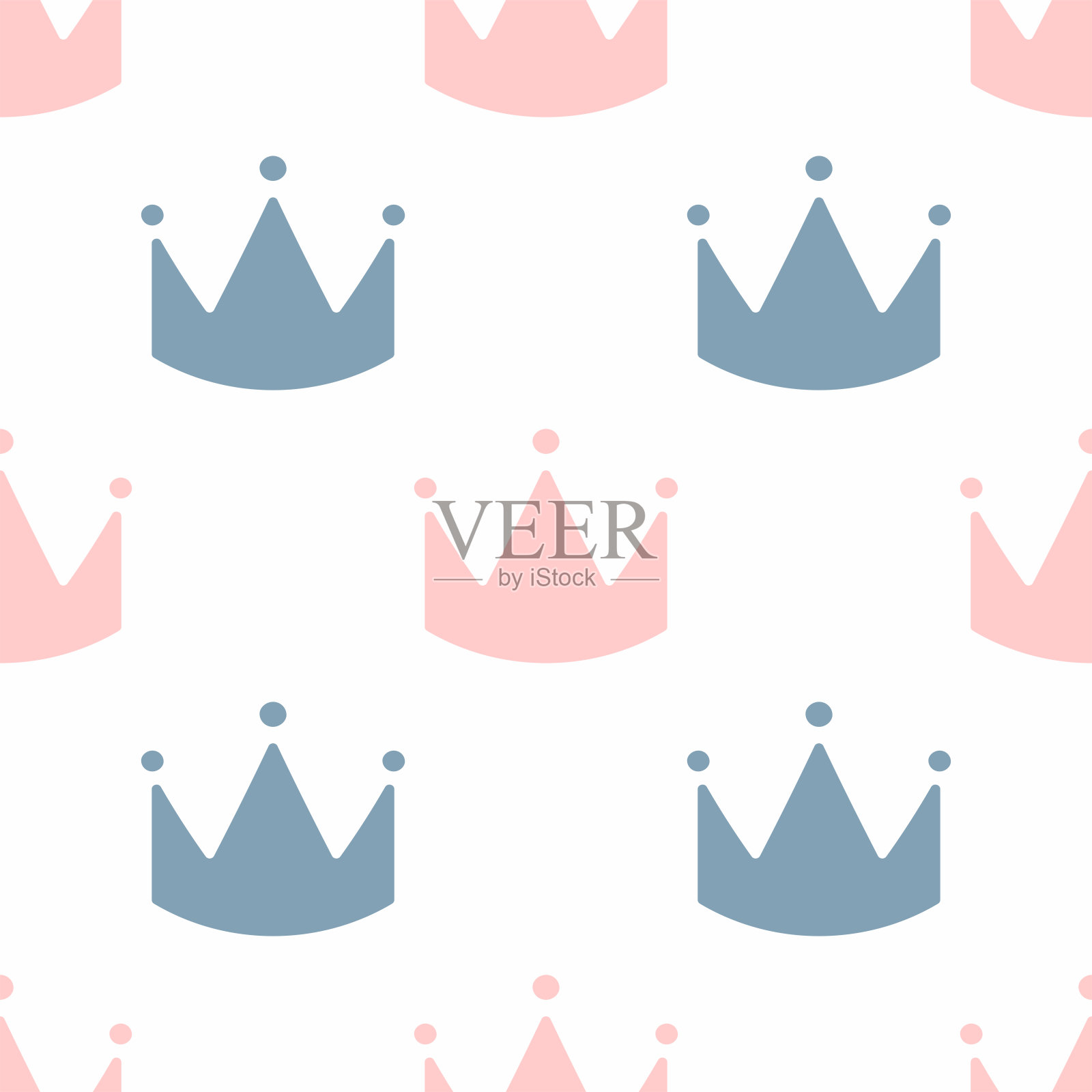 可爱的无缝模式与重复的粉红色和蓝色皇冠在白色的背景。女孩矢量插图。插画图片素材