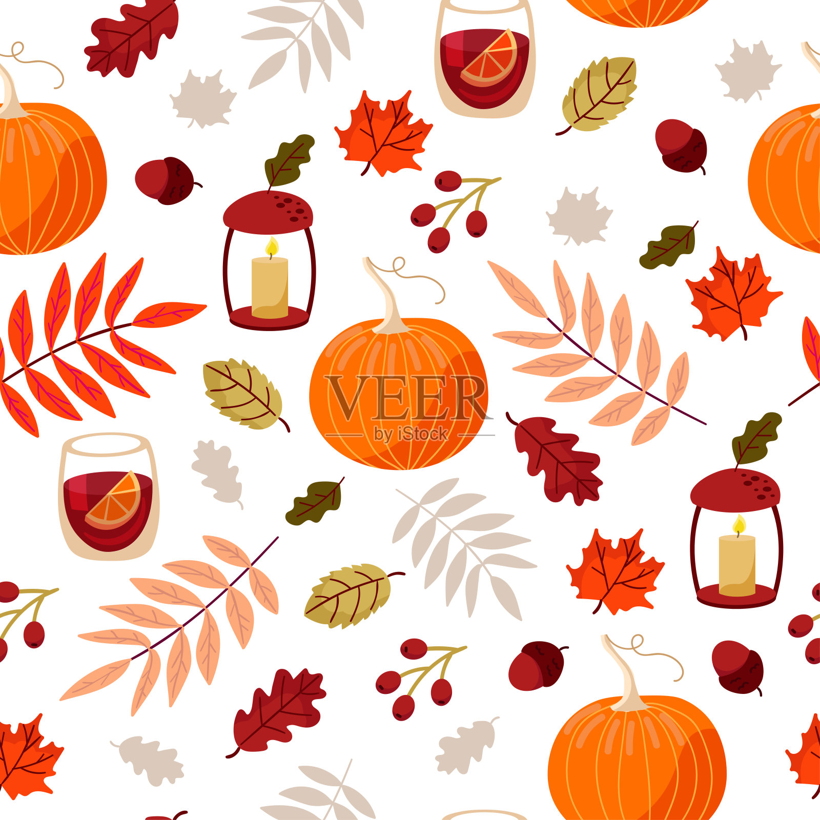 矢量无缝秋天背景-南瓜，热葡萄酒，橡树叶，枫，橡子和水果。感恩节的图案，秋天的节日在白色的背景上。插画图片素材