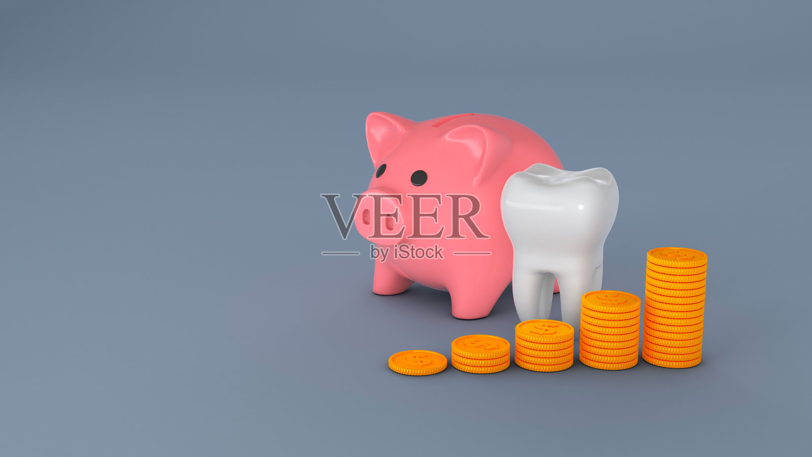 存钱罐和一颗牙齿，还有一堆硬币。昂贵的牙科治疗概念照片摄影图片