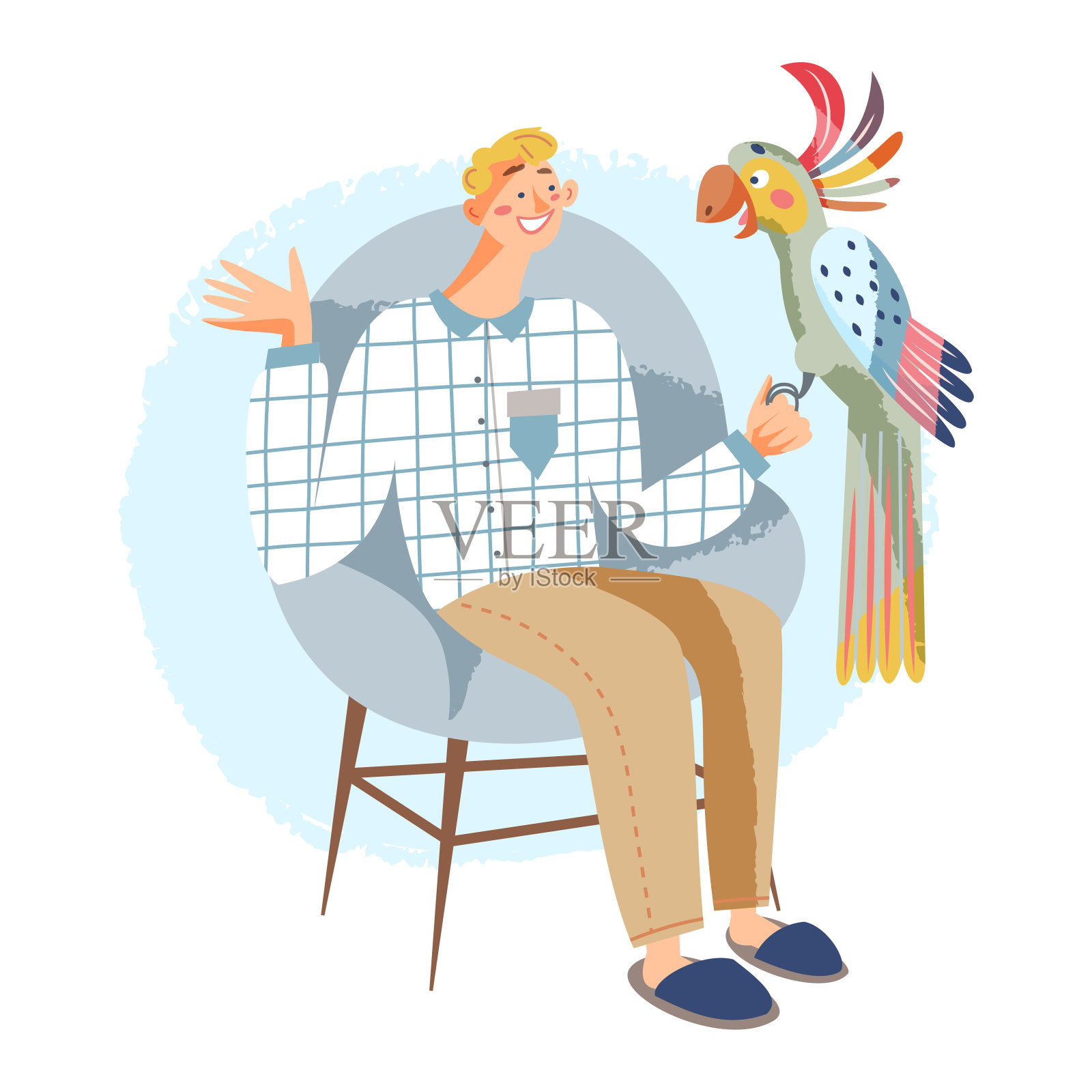 人们和宠物主人和鸟朋友在一起玩得很开心，开心的人抱着大鹦鹉插画图片素材