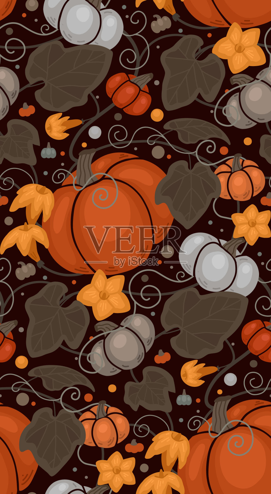 无缝的秋季图案与南瓜，树叶和藤蔓卷曲。向量平面纹理与蔬菜，点和叶子。暖色墙纸与花园收获插画图片素材