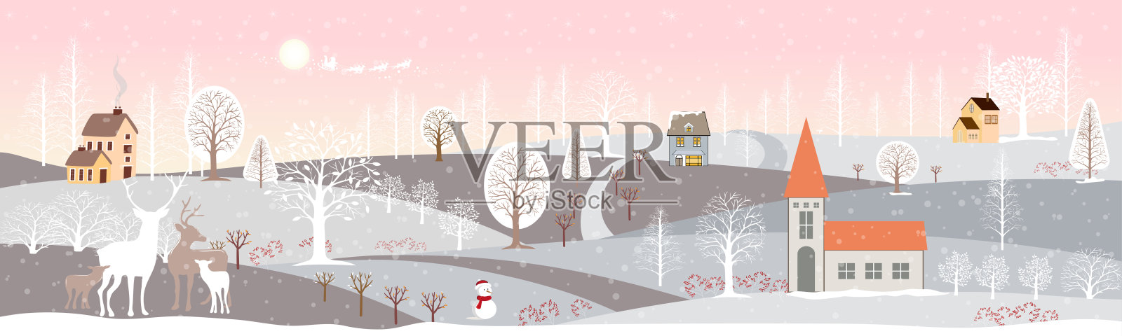 冬季景观全景，冬季景观乡村与白雪覆盖的水平横幅向量插图，农家，山脉和驯鹿家庭，圣诞快乐景观背景插画图片素材