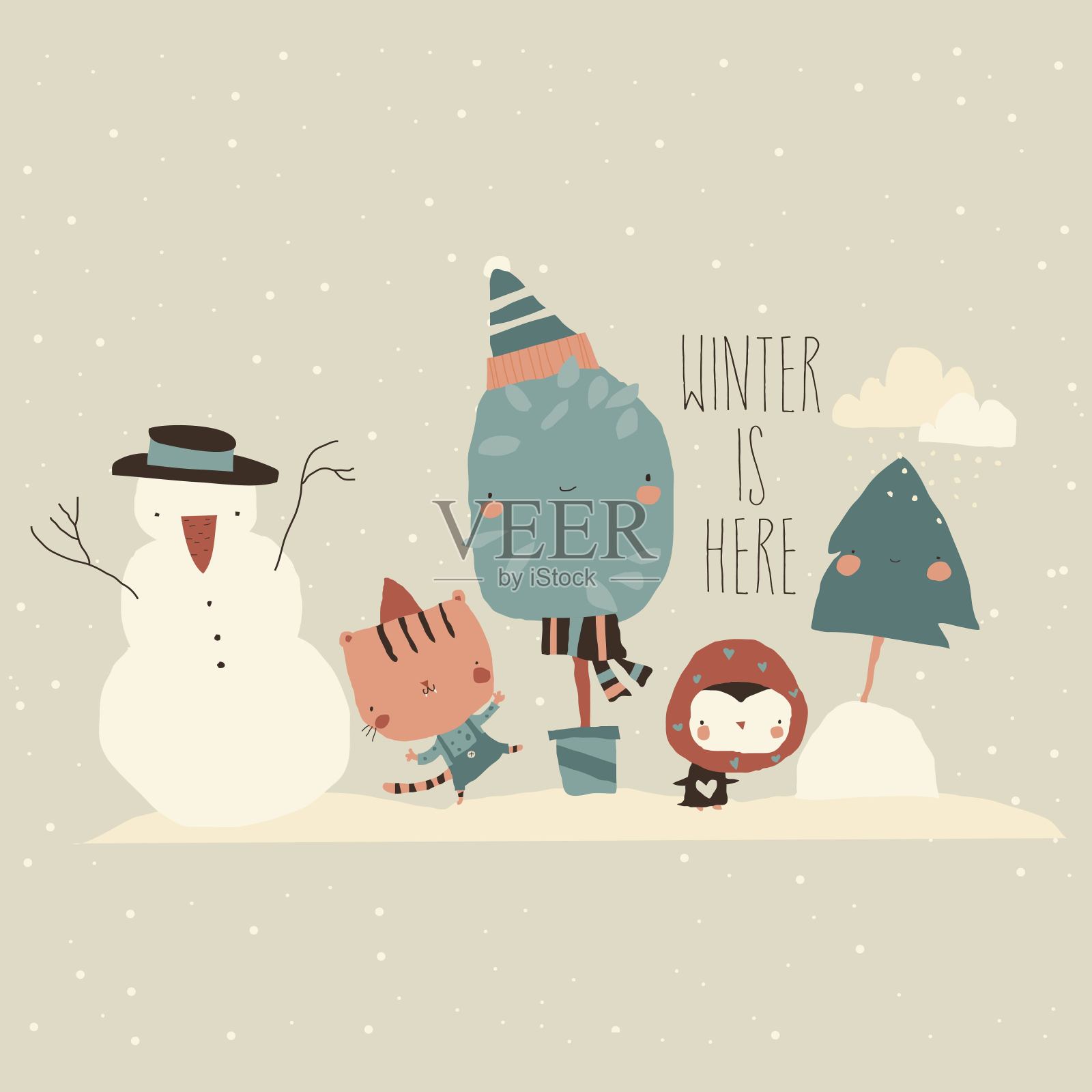 快乐的卡通动物迎接寒假。矢量图插画图片素材
