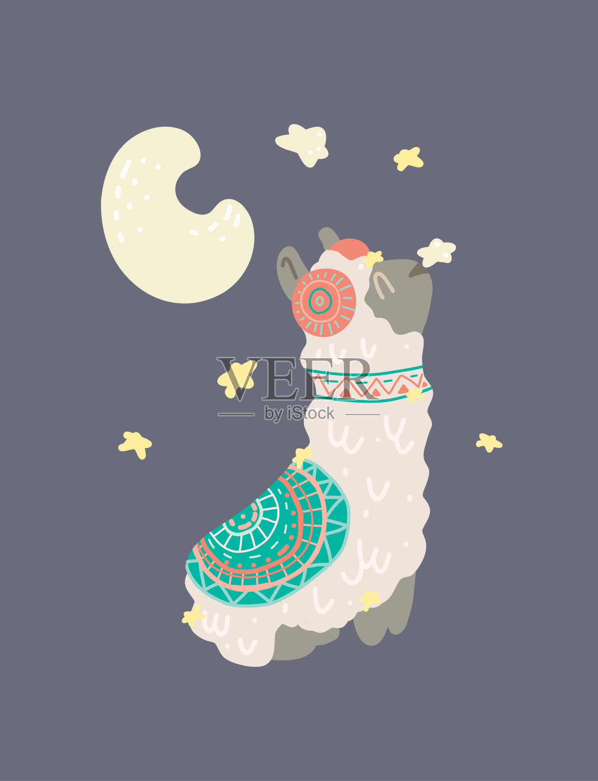 可爱的羊驼，上面有星星和新月。向量手绘平面插图与骆驼在部落服装插画图片素材