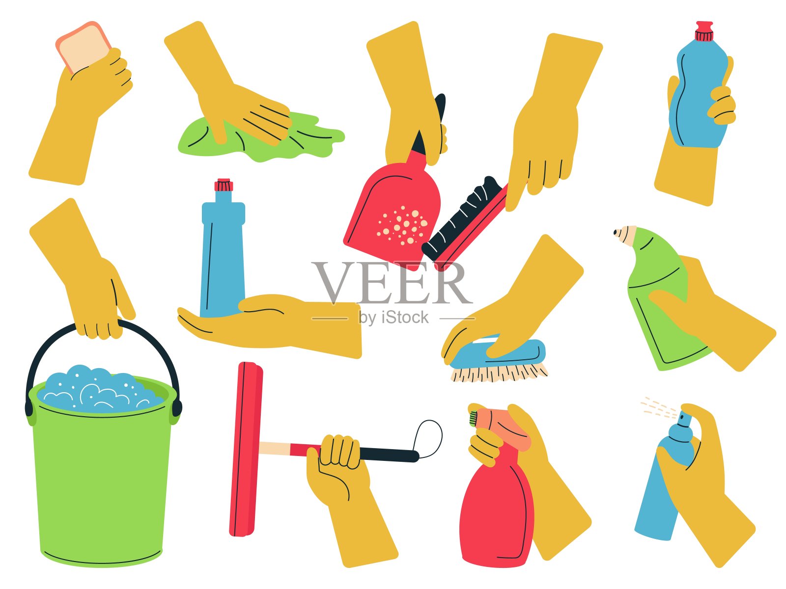 手拿清洁元件。擦拭干净，手持布和刷子。喷瓶，清洁地板和表面的海绵。卫生图标象样的向量集插画图片素材