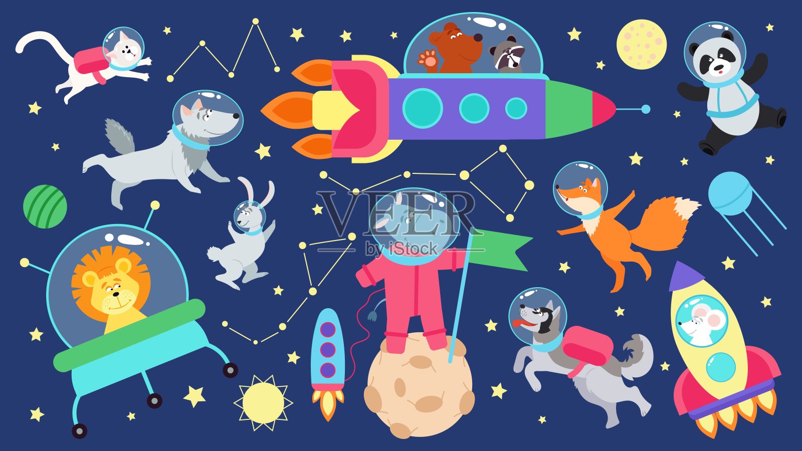 空间的动物。儿童星球，扁平的卡通动物宇航员。可爱的人物在宇宙飞船里，在宇宙火箭里飞行。儿童宇宙得体的向量元素插画图片素材