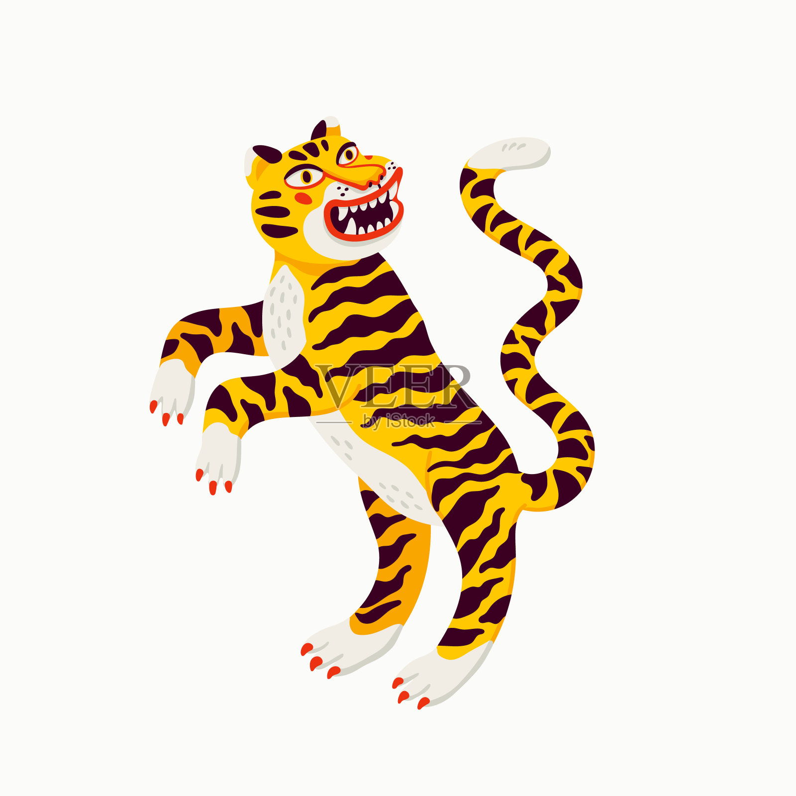 老虎矢量插图，卡通黄色的老虎猖獗的白色背景。有机平面风格矢量插图插画图片素材