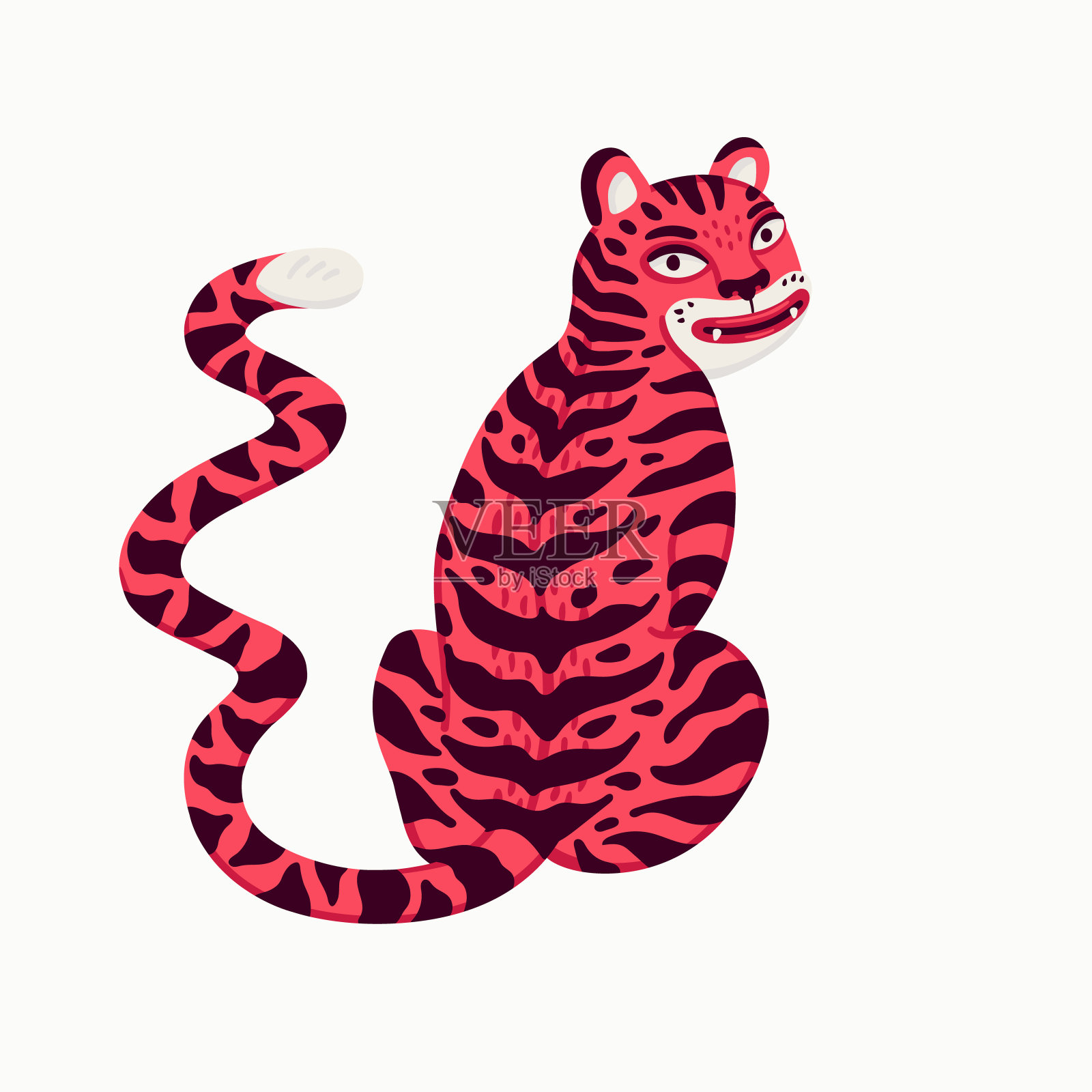 老虎矢量插图，卡通粉红色的老虎坐在白色的背景。有机平面风格矢量插图插画图片素材