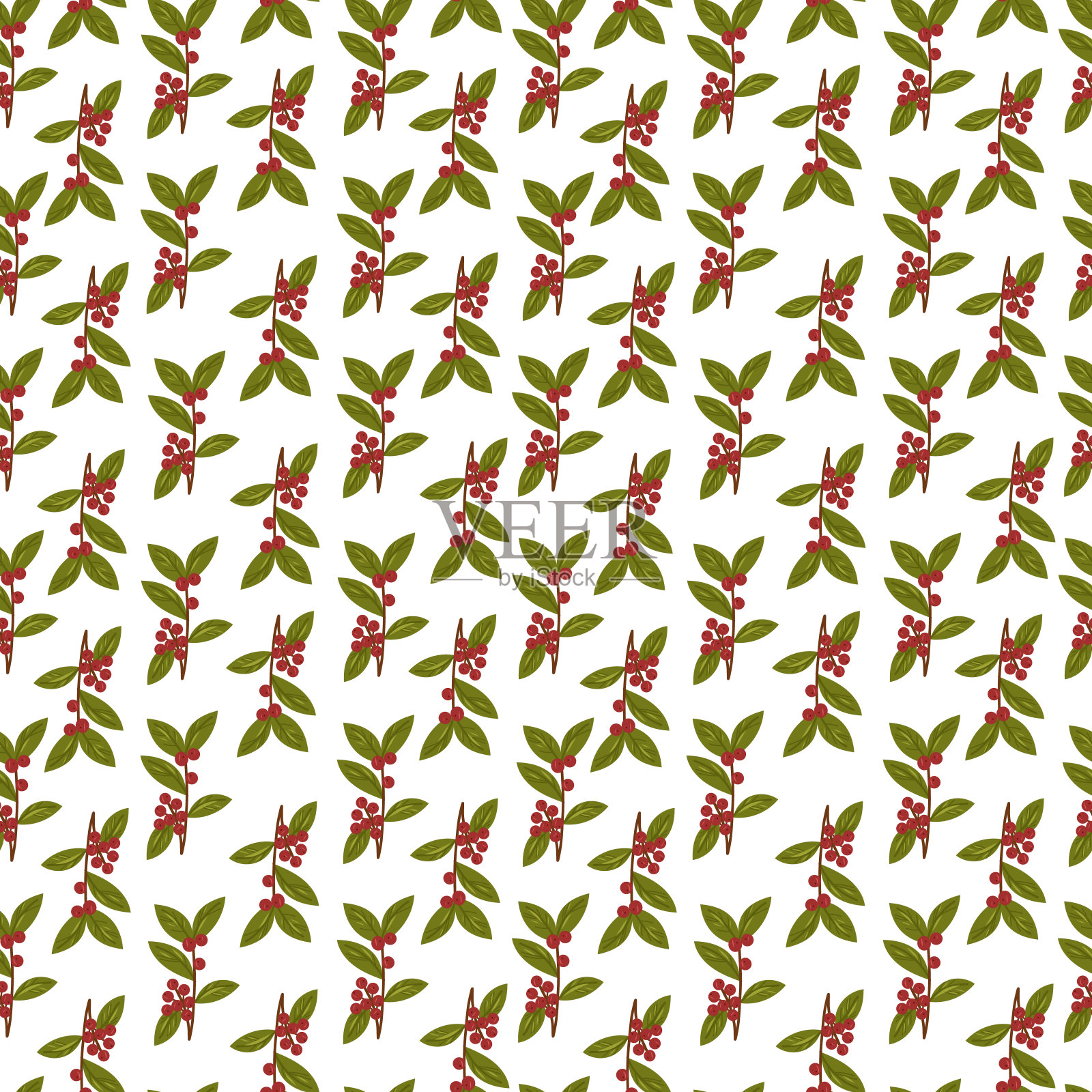圣诞节无缝模式与红色浆果和叶子在白色的背景。插画图片素材