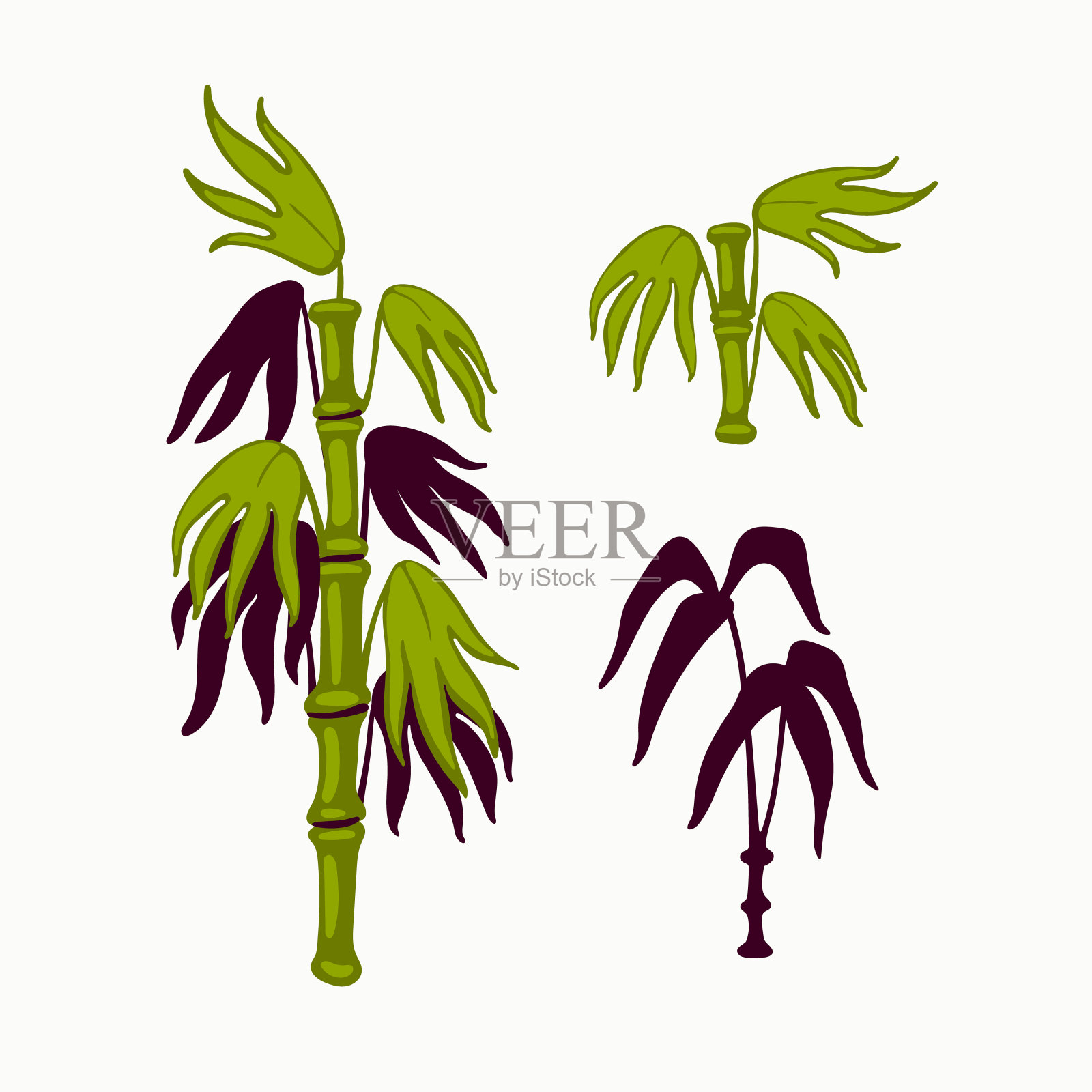 竹向量，日本竹叶，和东方风格背景的茎。白色背景上的有机平面风格矢量插图插画图片素材