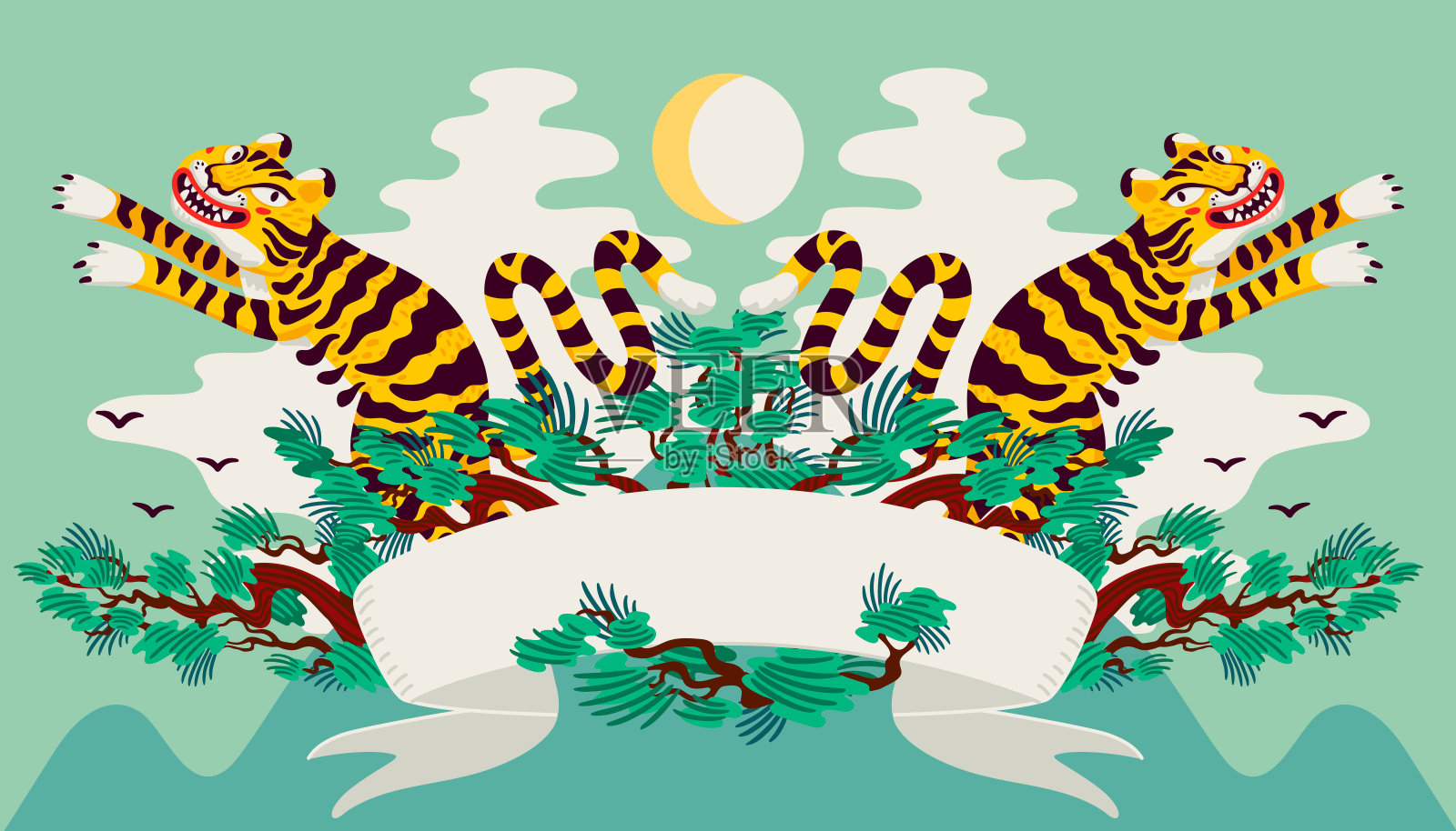 亚洲虎对称构图，矢量老虎，日本松枝卡通亚洲风格。有机平面风格矢量插图插画图片素材