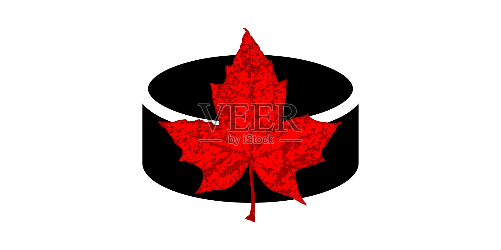 红色枫叶和冰球黑色图标在白色的背景。加拿大的象征。矢量插图。插画图片素材