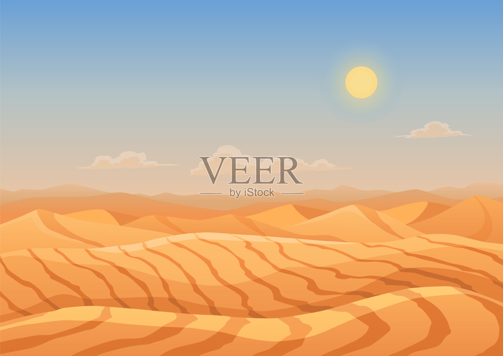 景观沙漠沙丘。从砂山。漫画中阳光下干燥的沙漠，无边无际的沙漠。自然背景，矢量插图插画图片素材