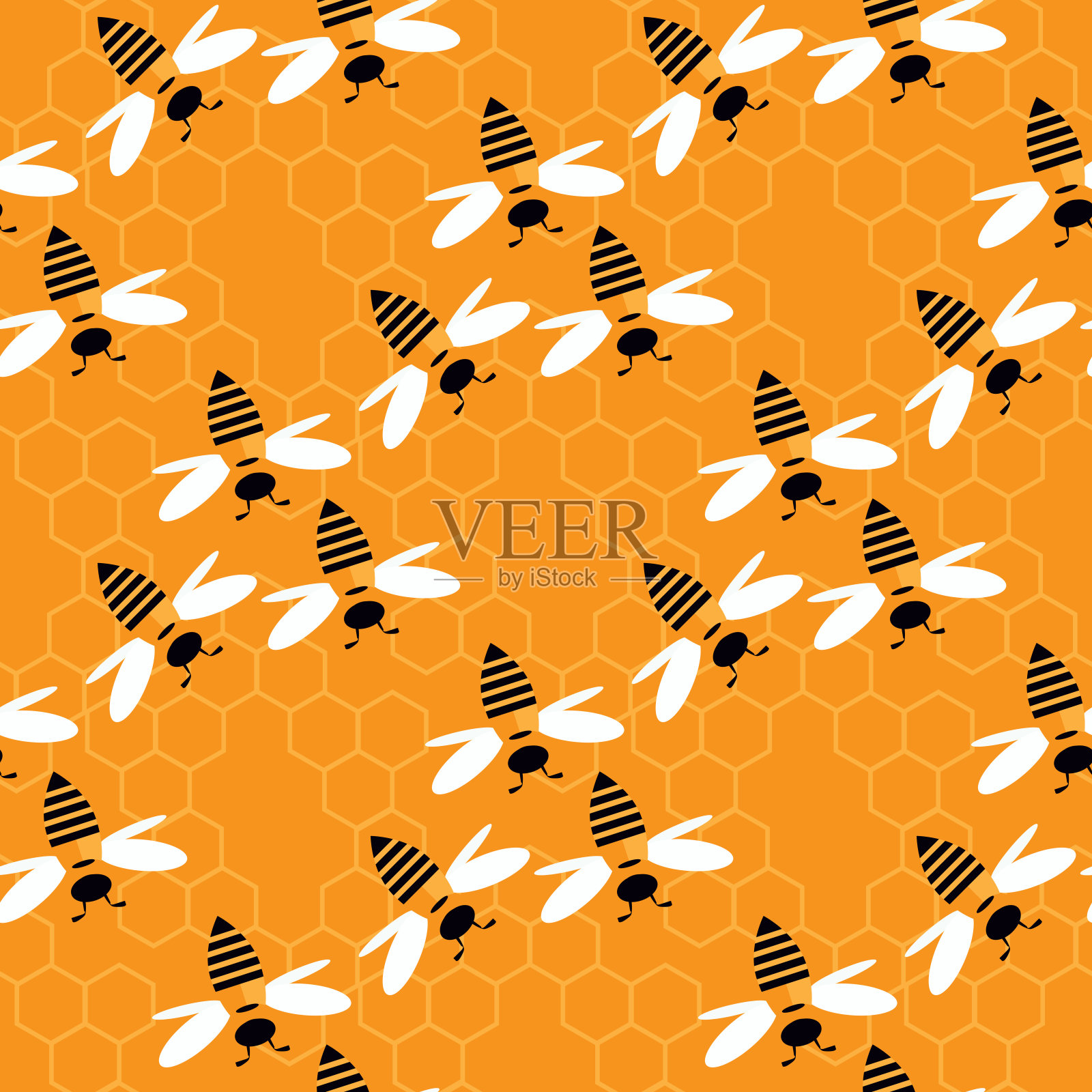 夏季扁平卡通无缝图案有蜂房、蜂房和蜜蜂。插画图片素材