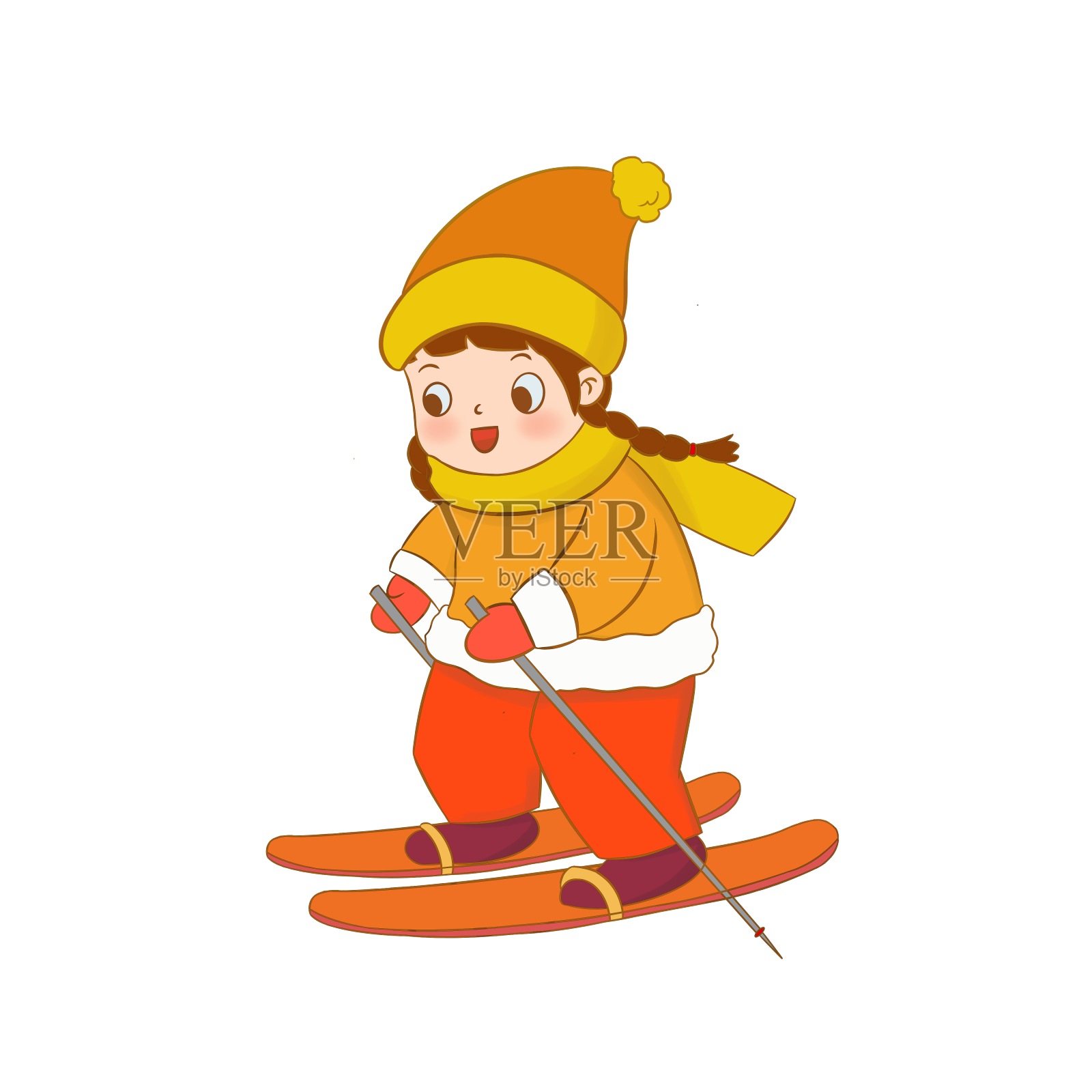 女孩滑雪穿着橘色棉服黄色围巾设计元素图片