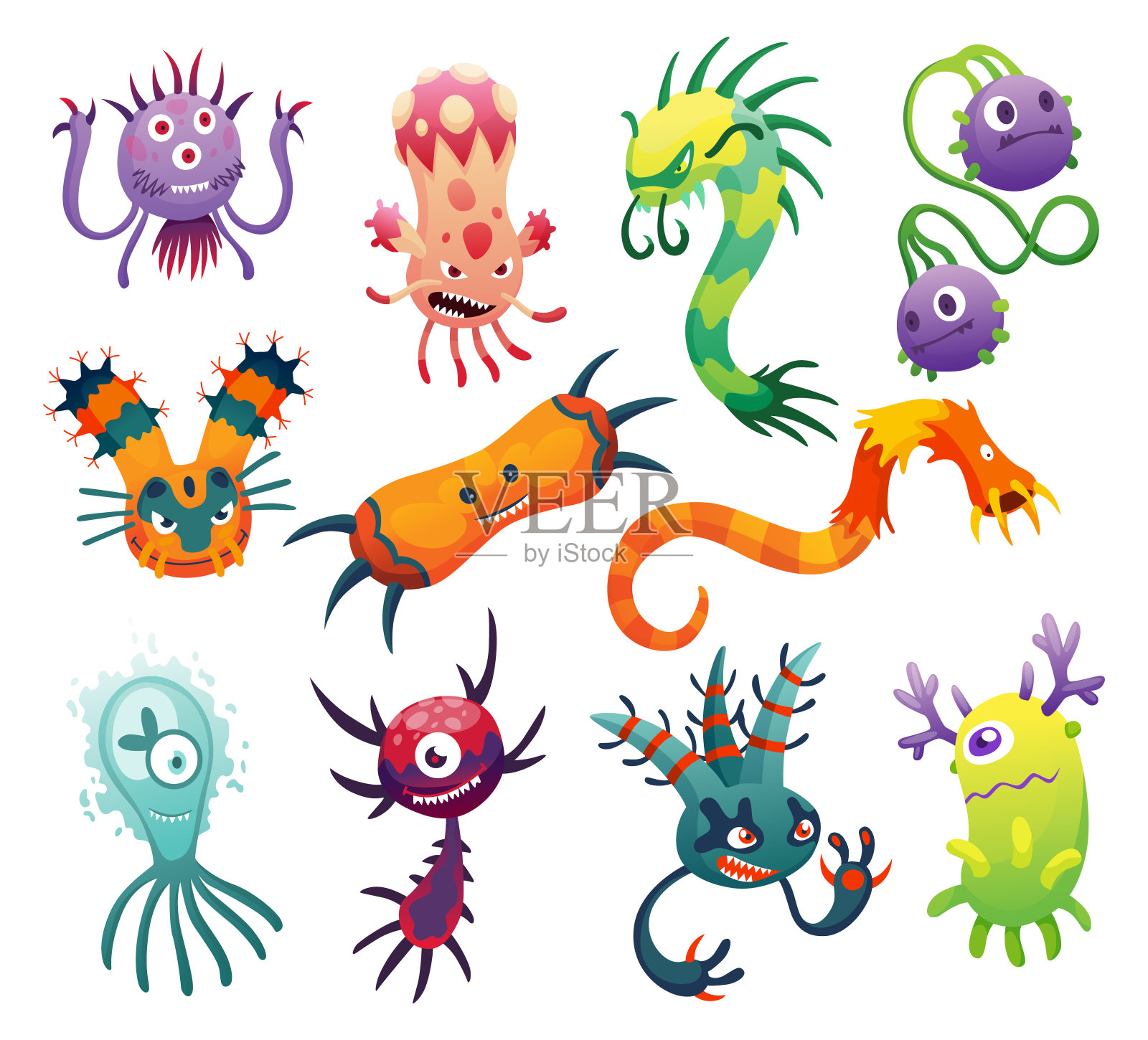 卡通细菌病毒。细菌或微生物集合。有趣的字符集合。可爱的孩子玩具怪物图标。彩色风格化绘图向量集合插画图片素材