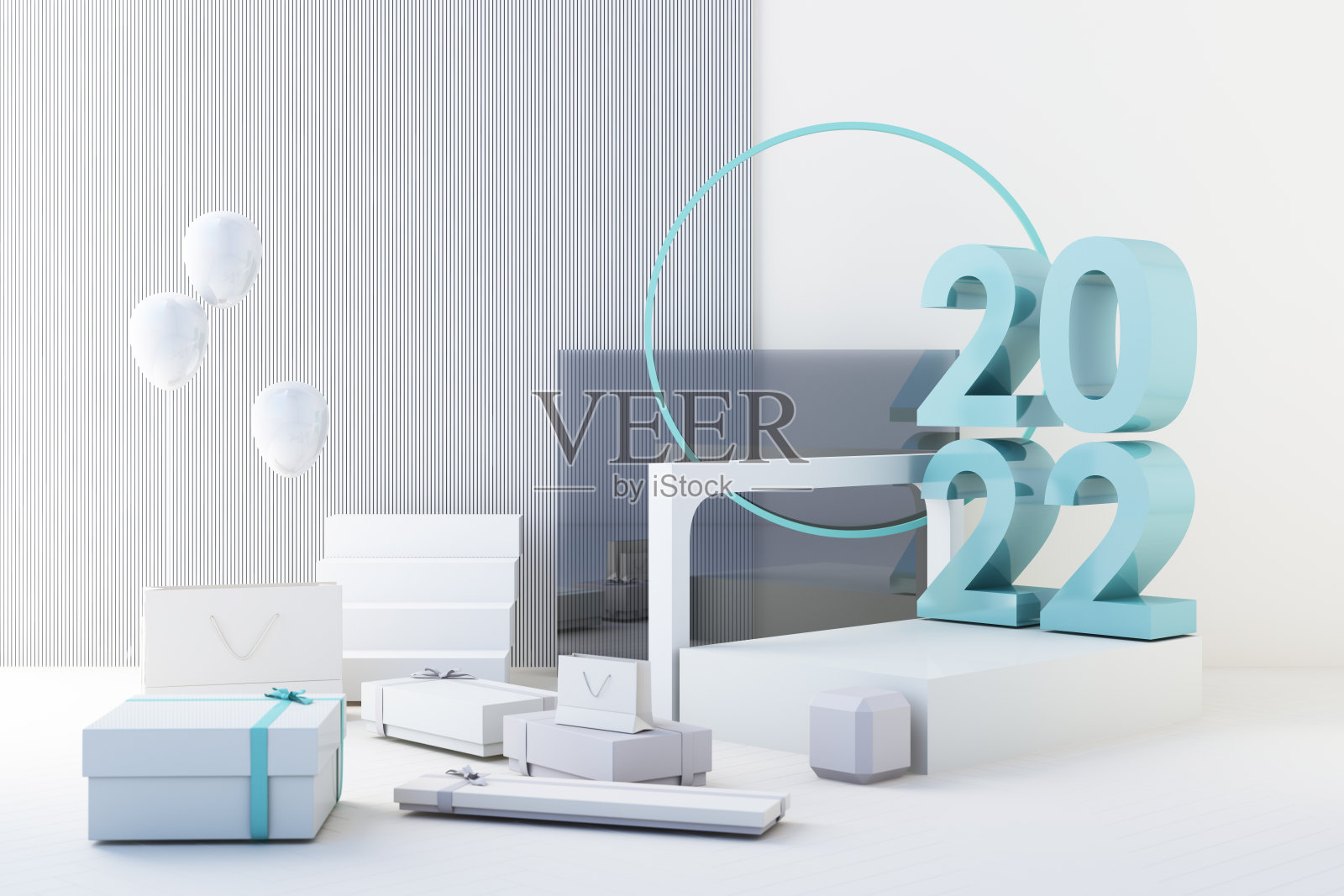 2022年的字母以新年为概念，蓝色色调，周围环绕着用于展示产品的几何形状和带有透明球的礼盒。三维渲染照片摄影图片