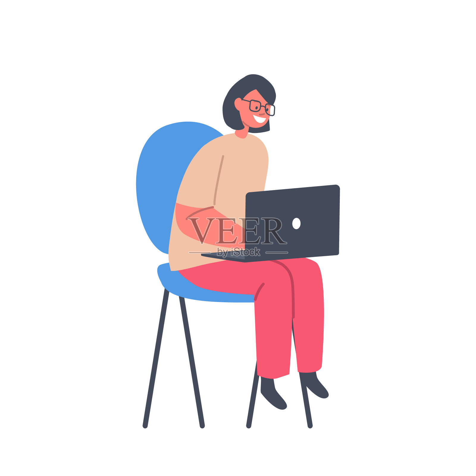 小女孩坐在椅子上，手里拿着笔记本电脑，孤立在白色背景上。儿童游戏，远程教育插画图片素材