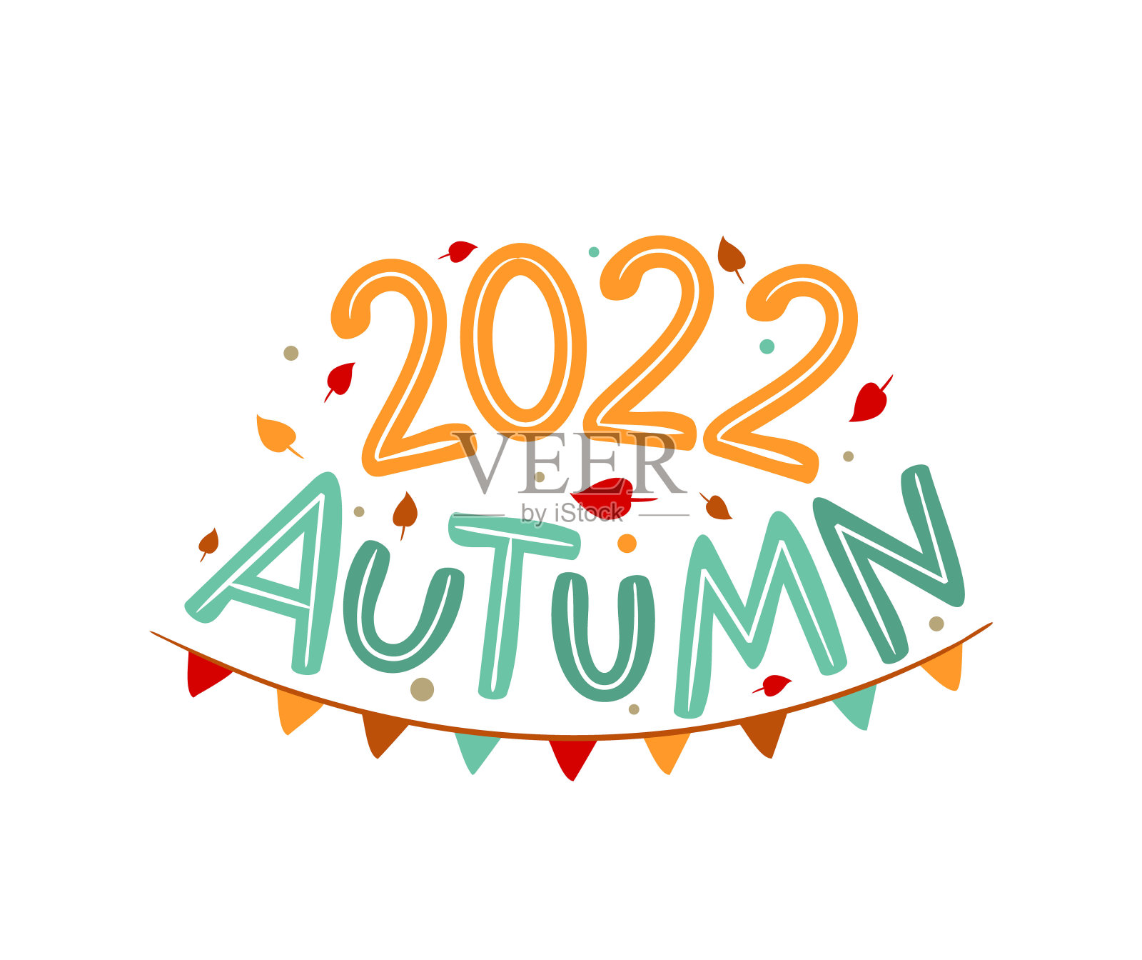 2022年秋天的标志与手绘树叶和花环。设计元素图片