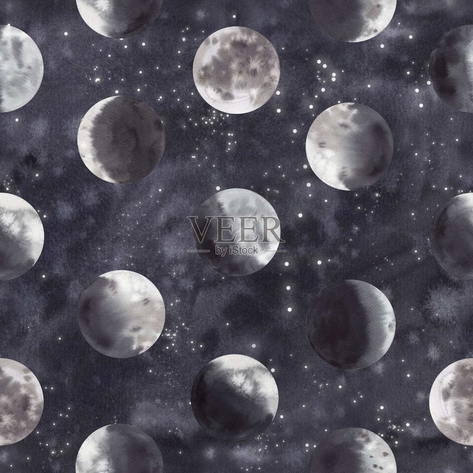 水彩无缝模式的月相在夜空插画图片素材