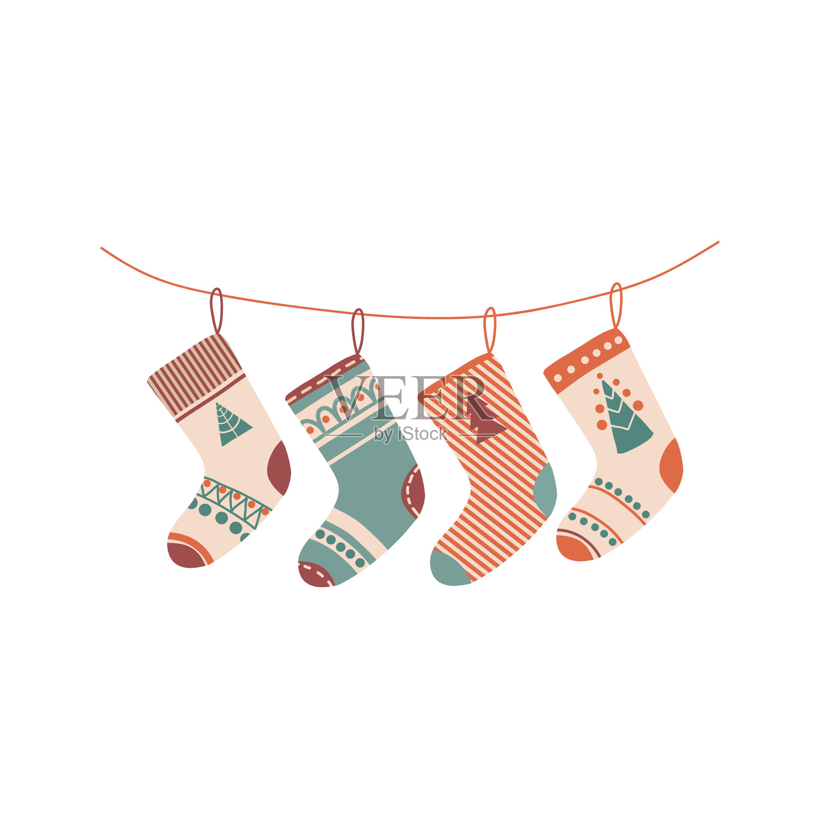 各种各样的圣诞袜或有不同图案的长袜。传统装饰元素。华丽的节日长袜和短袜插画图片素材