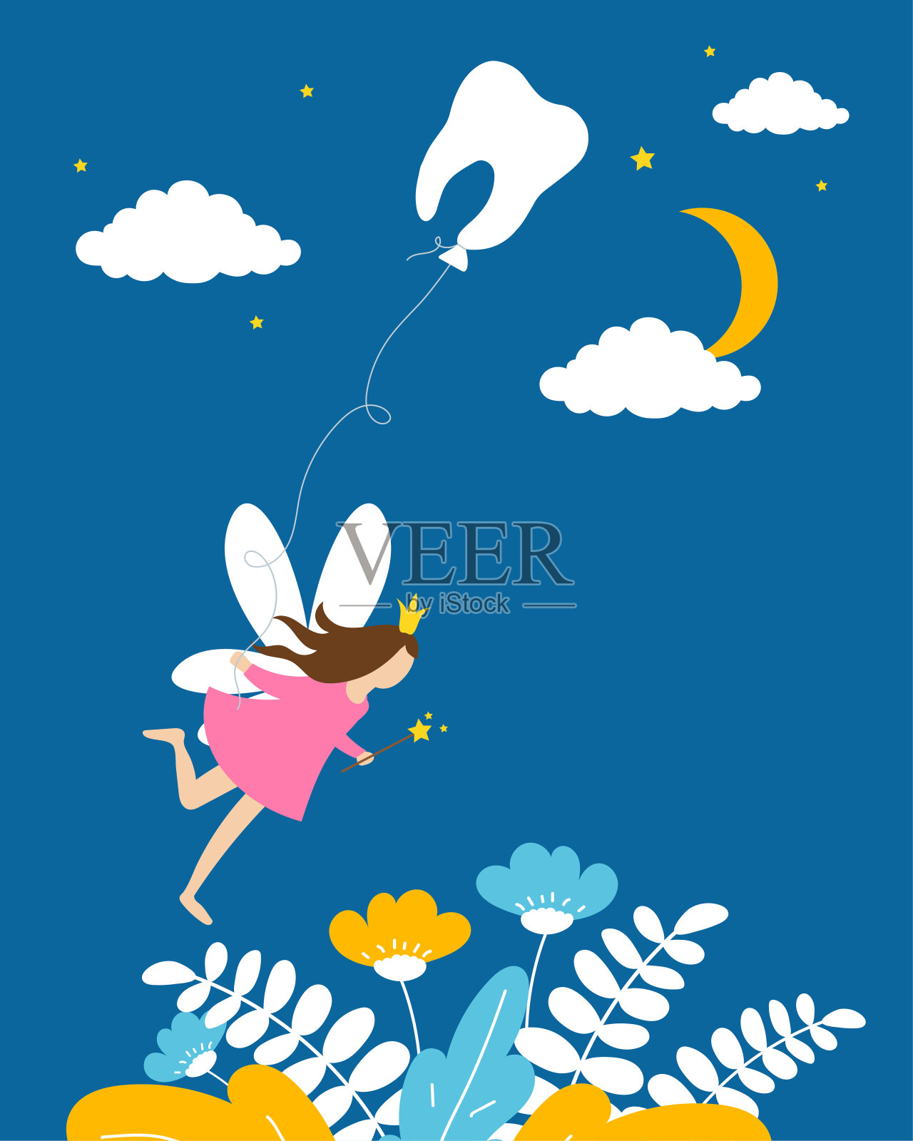 小牙齿仙女女孩与牙齿气球在夜间蓝色的背景。矢量插图。插画图片素材