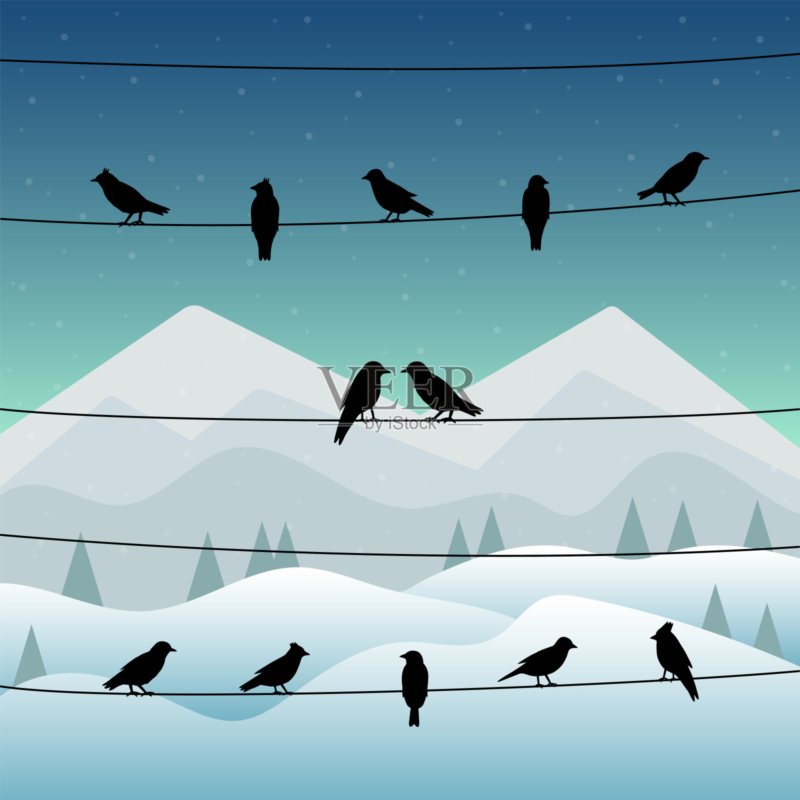 冬季背景电线上鸟的剪影插画图片素材