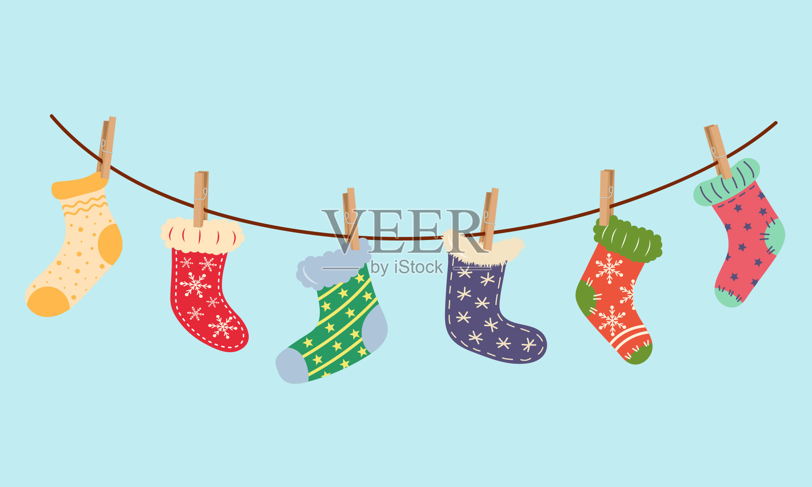 用衣夹把圣诞袜子挂在洗衣绳上。插画图片素材