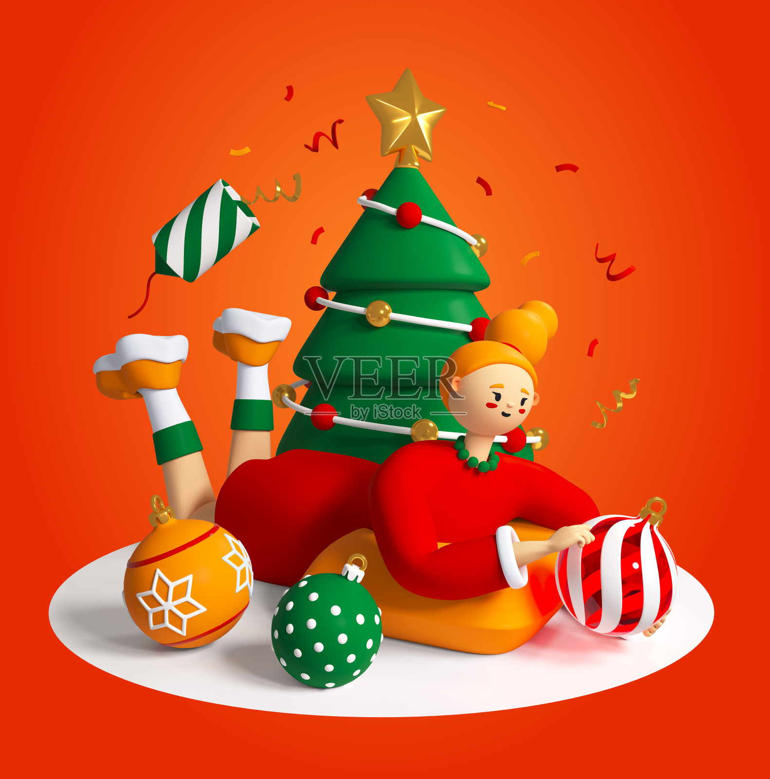 装饰圣诞树-彩色3D风格插图插画图片素材