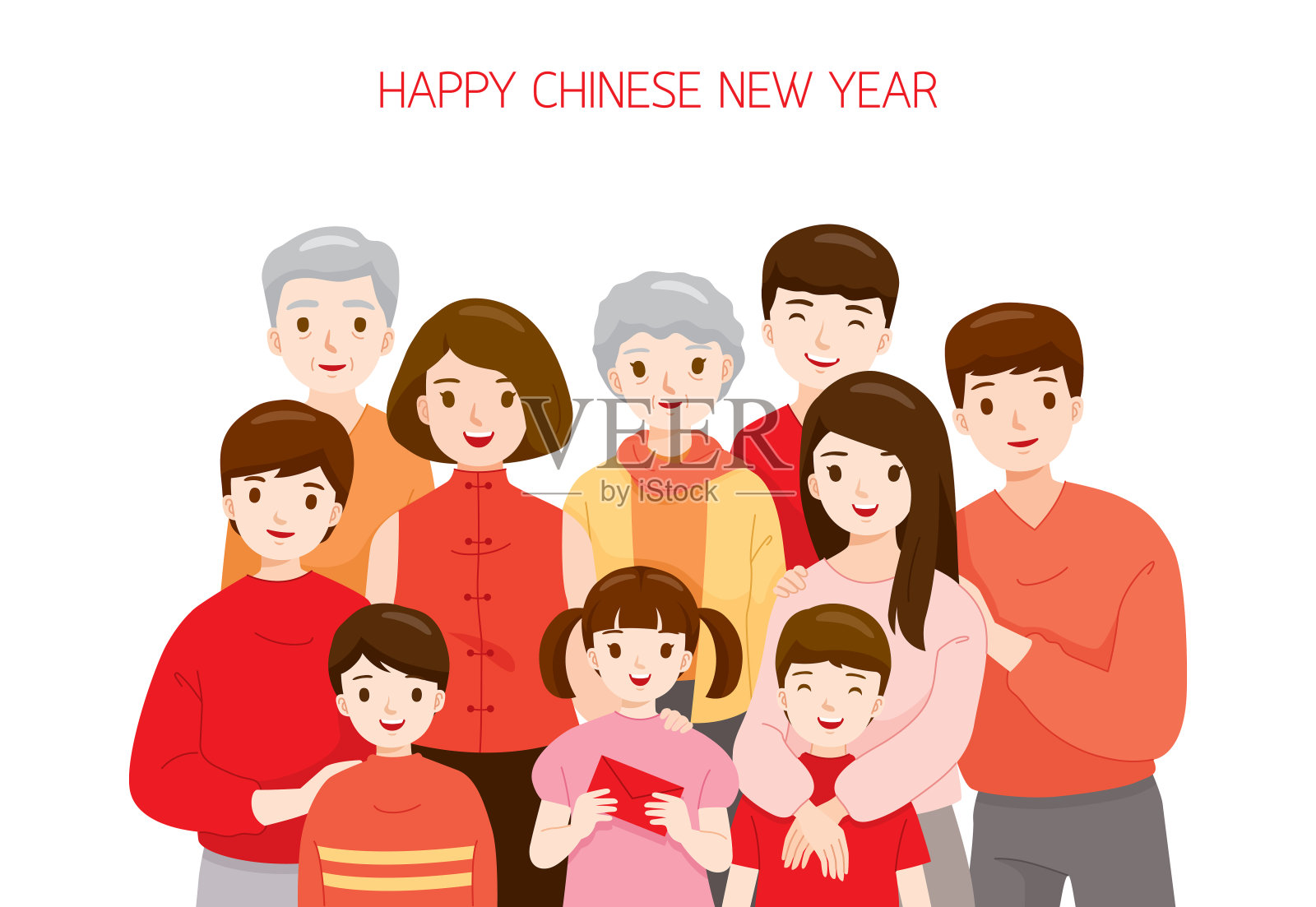 春节快乐，一家人站在一起插画图片素材