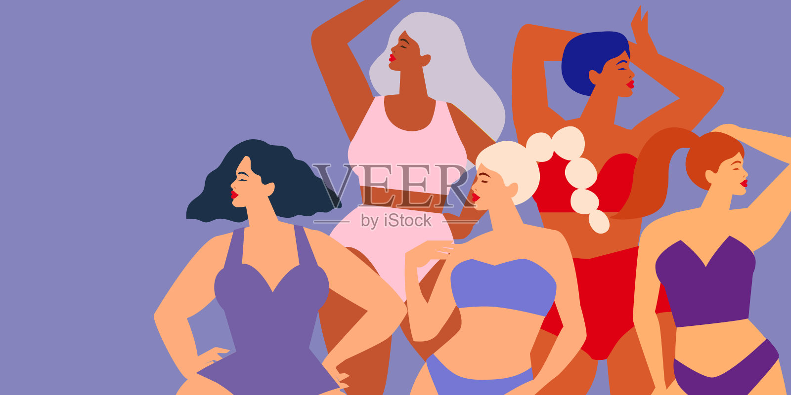 五个来自不同文化的女人一起跳舞或站在一起。女人的友谊。妇女节快乐。母亲节。维纳斯，维纳斯女性剪纸风格。身体积极的。紫色。很仙女。插画图片素材