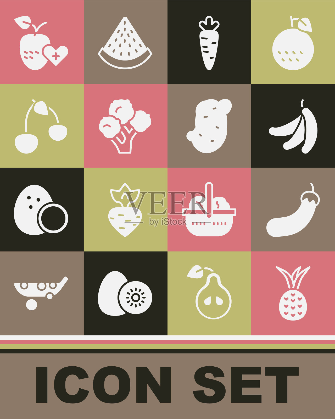设置菠萝，茄子，香蕉，胡萝卜，花椰菜，樱桃，健康的水果和土豆图标。向量图标素材