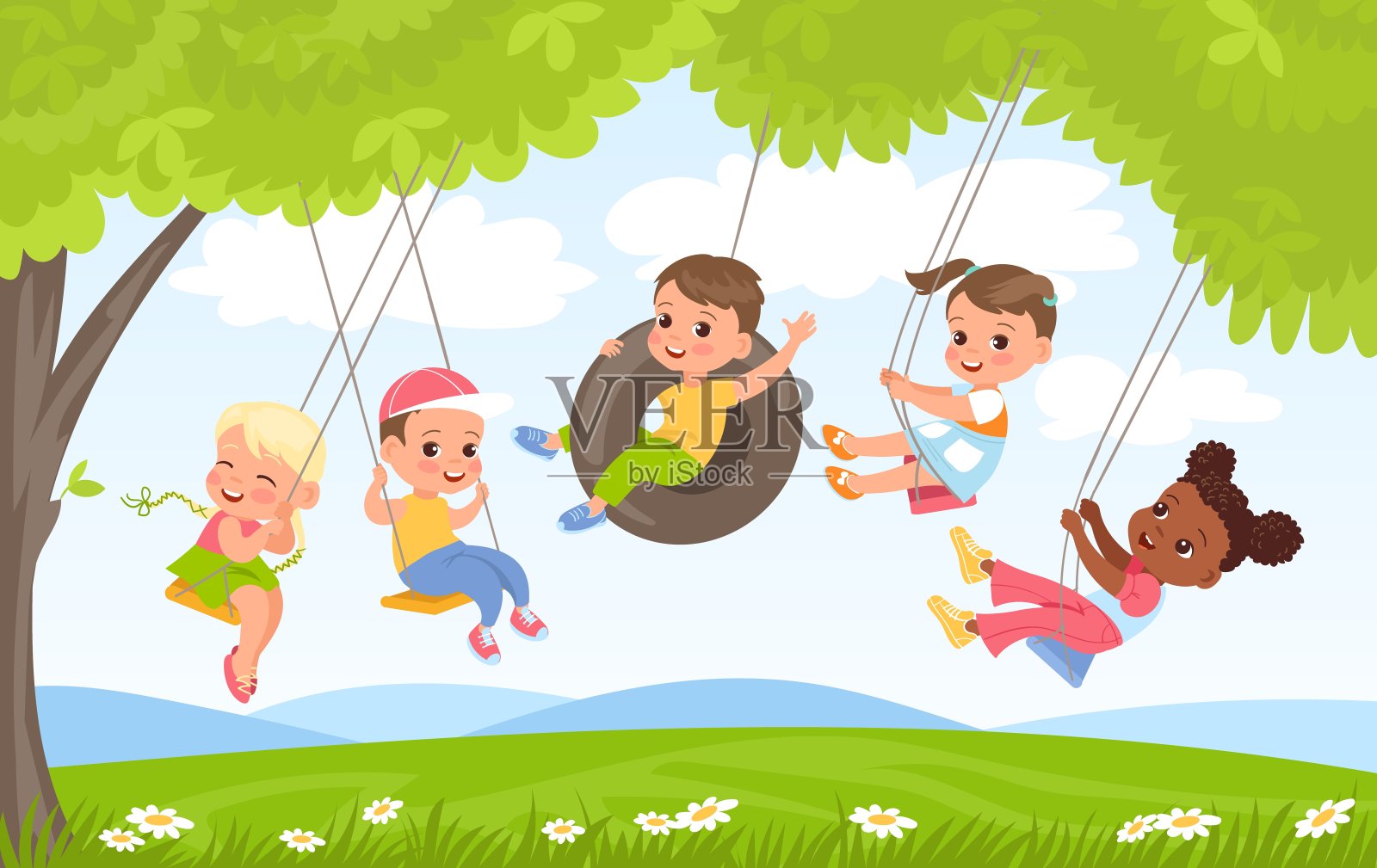 孩子绳波动。孩子们在大自然中玩耍。朋友们在树荫下荡秋千。在轮胎上飞行。女孩和男孩都有乐趣。户外活动。夏季休闲。向量的概念插画图片素材
