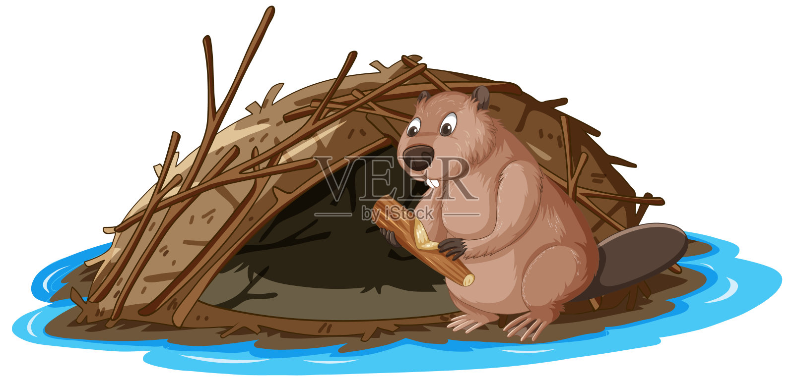 一只卡通风格的海狸正在建造水坝插画图片素材