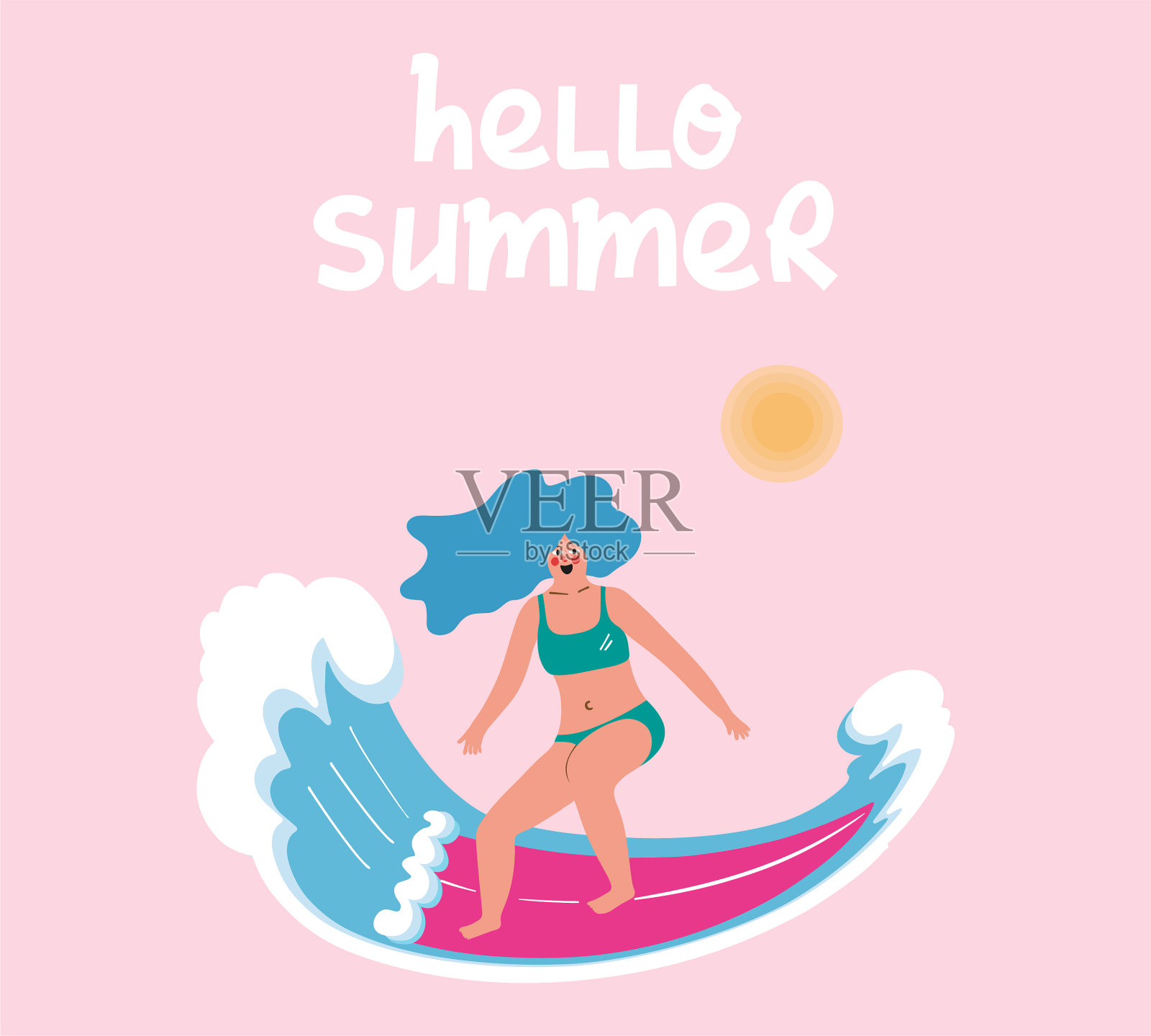 快乐的冲浪女孩带着冲浪板在海浪上冲浪。手绘插图。插画图片素材