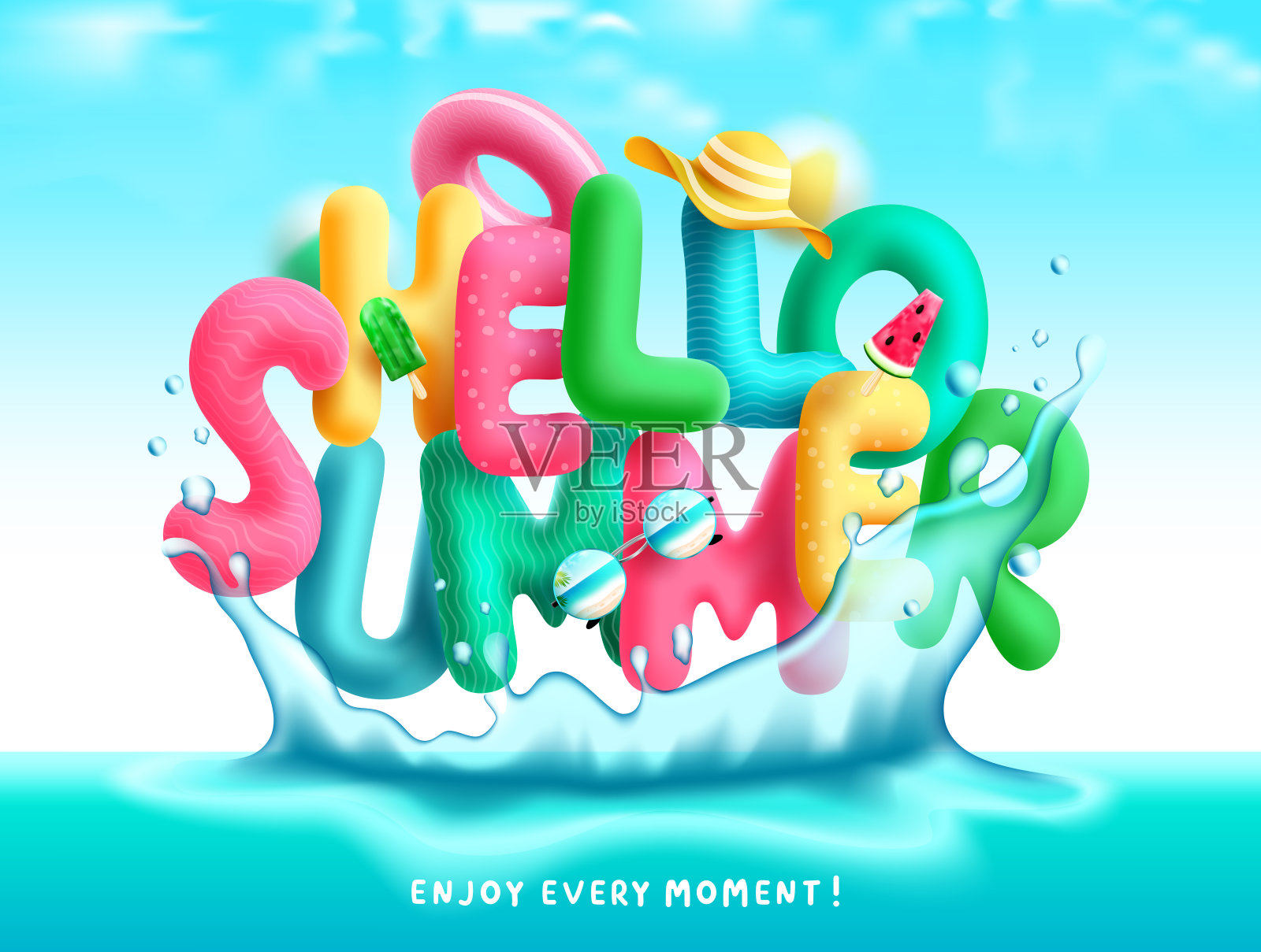 夏季矢量概念设计。Hello summer greeting彩色3d文本在水溅与帽子，冰棒和太阳镜元素享受热带假期。插画图片素材