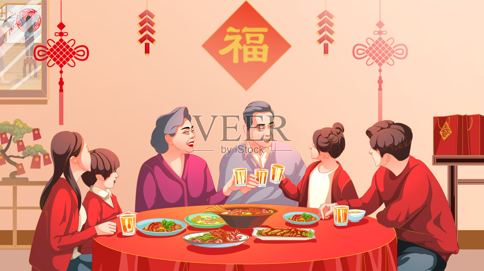虎年新年一家人年夜饭春节插画图片素材