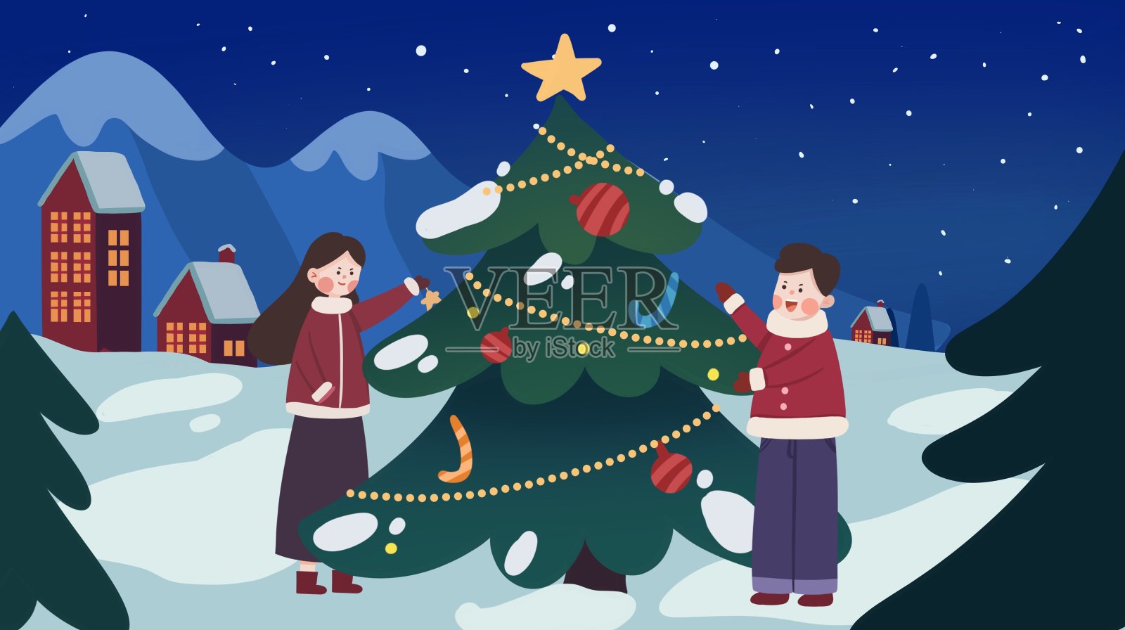 圣诞节情侣装饰圣诞树插画图片素材