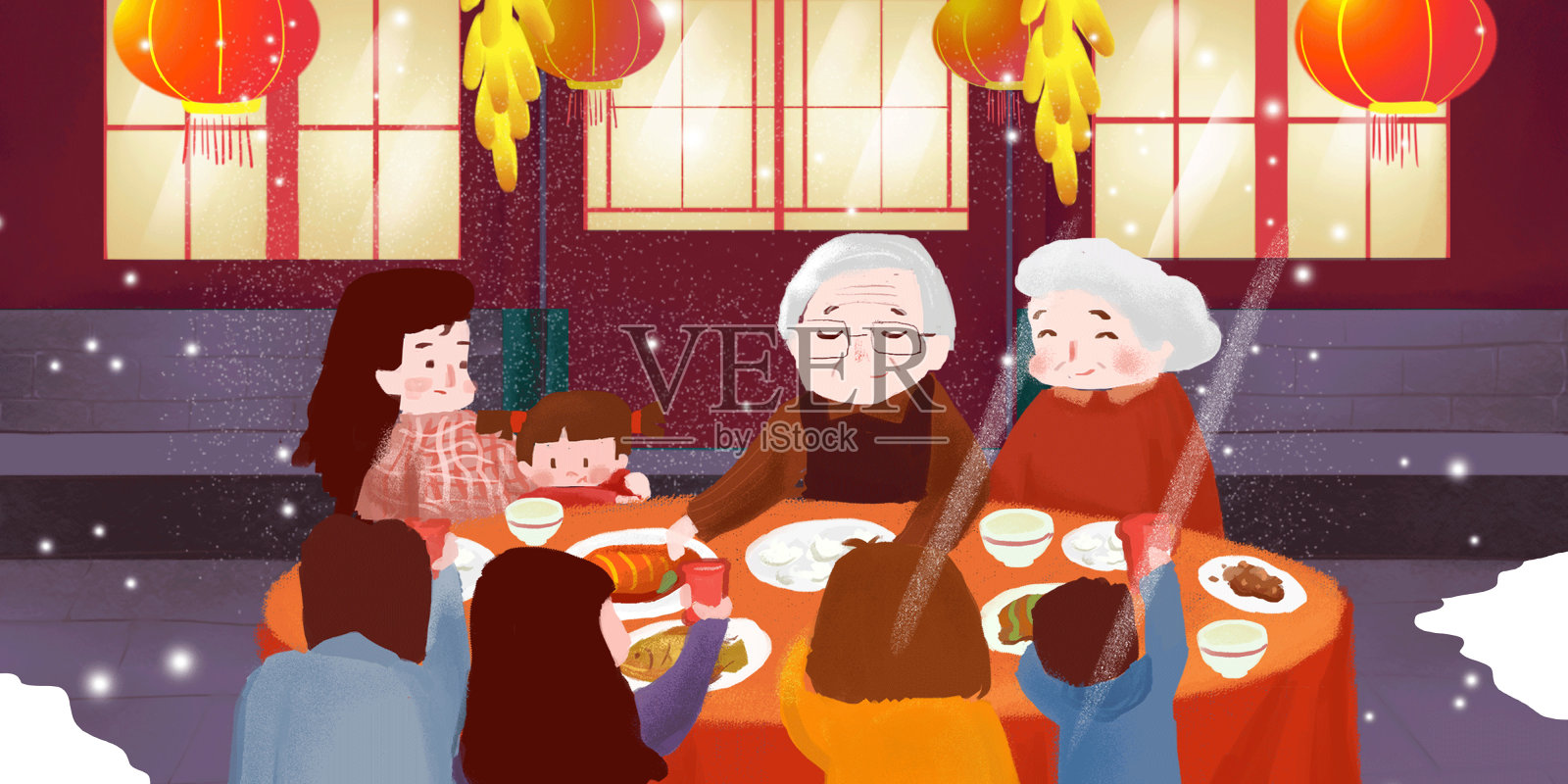 虎年新年春节一家人吃年夜饭插画图片素材