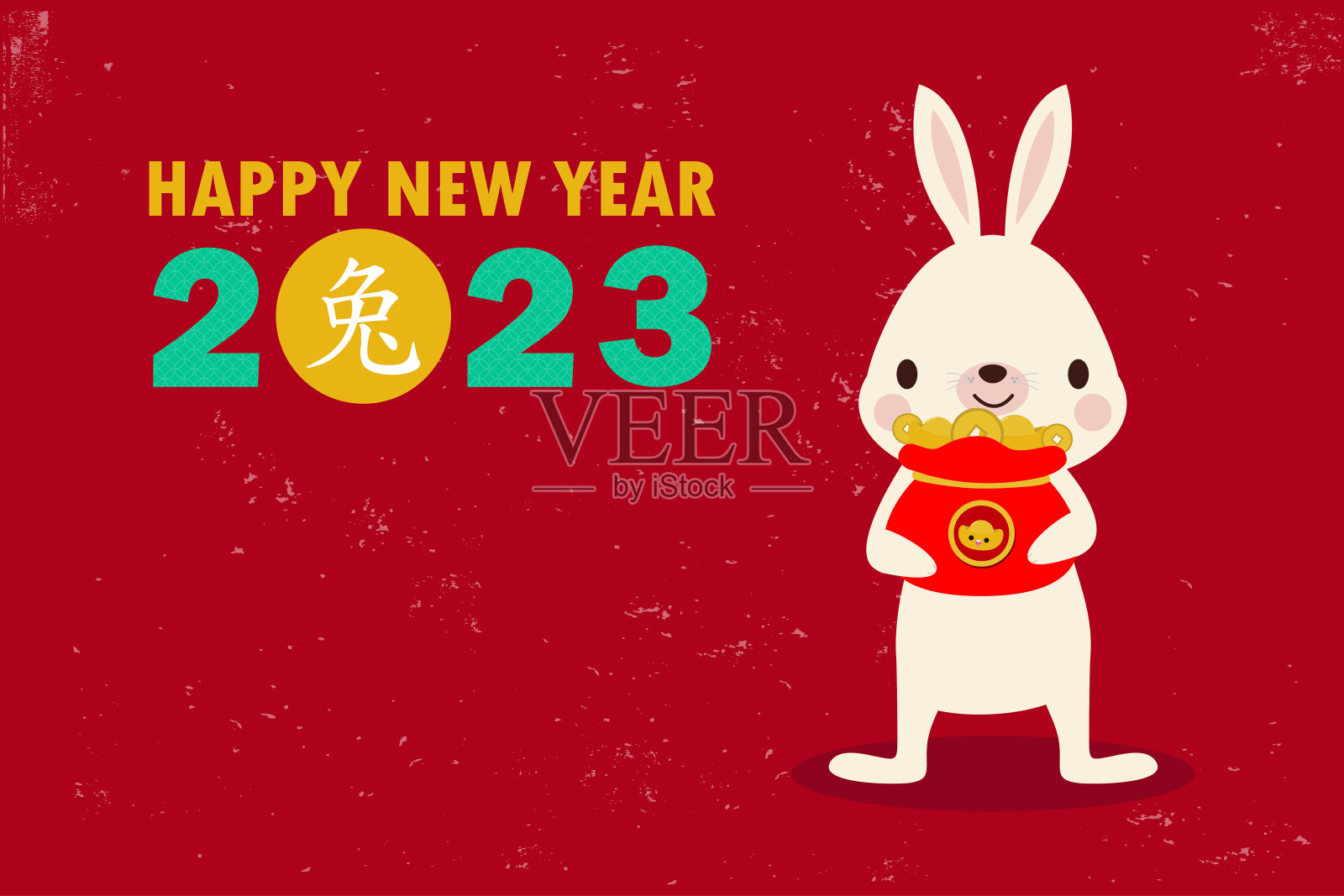 快乐中国新年贺卡2023可爱的小兔子兔，兔年生肖，宫喜发财卡通人物孤立矢量插图，翻译中国新年插画图片素材