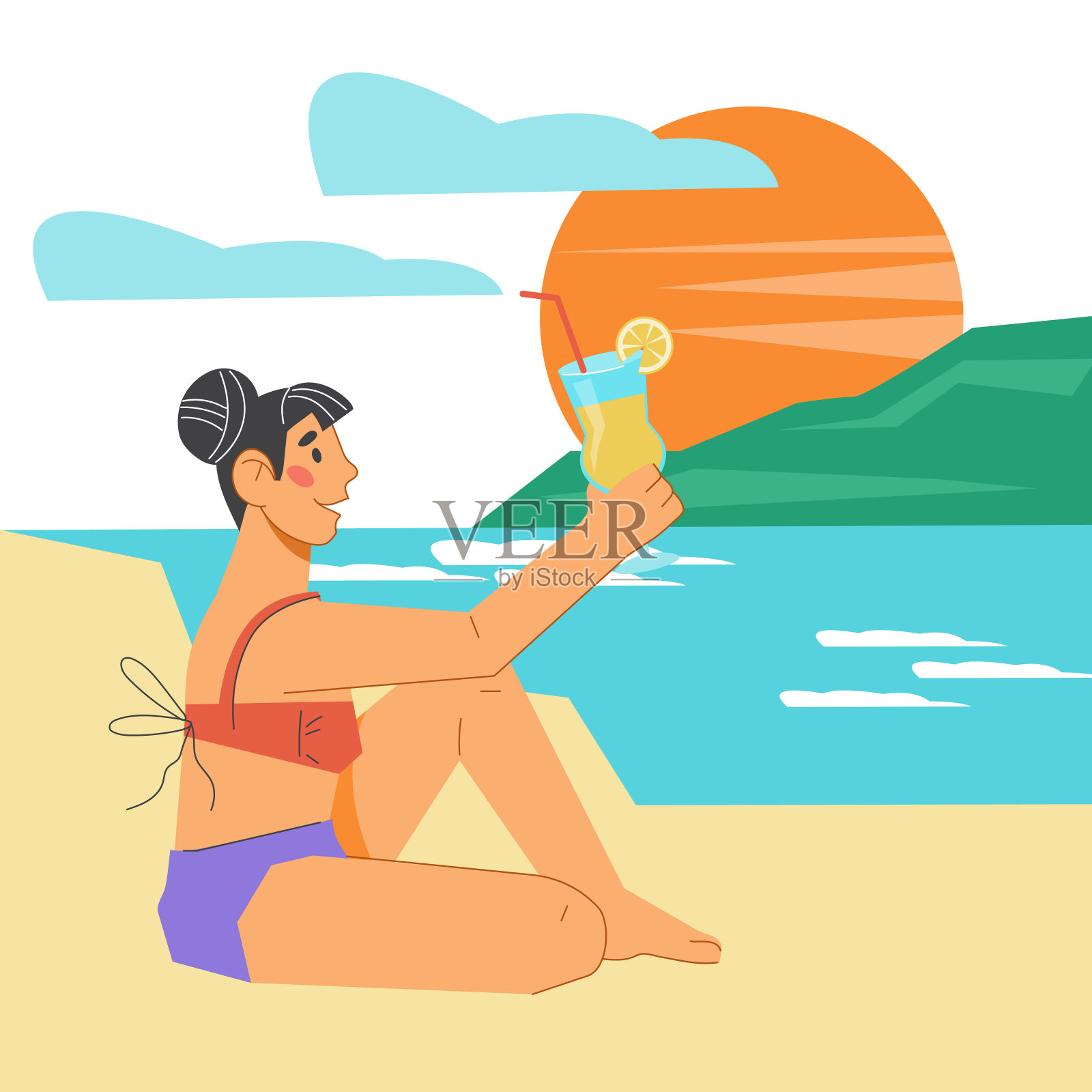 女人在海滩和日光浴享受暑假，平面矢量插图。插画图片素材