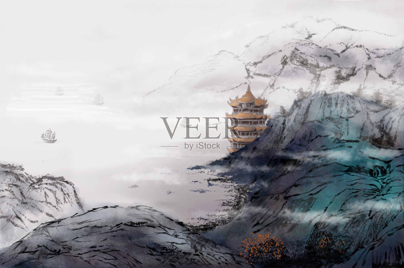 宝塔在云雾缭绕的高耸雄伟又秀丽的山间插画图片素材
