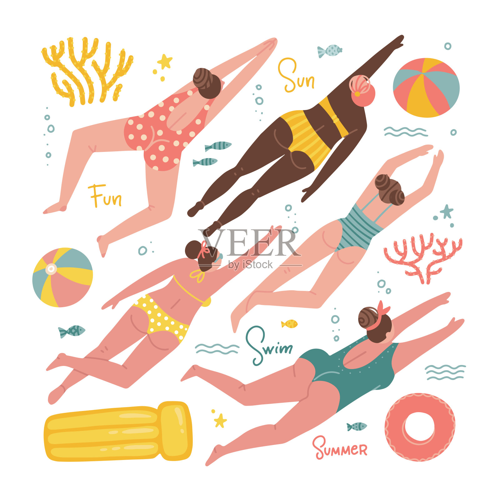一组数字游泳妇女在不同国籍的泳装与暑假元素-充气床垫，球，珊瑚，鱼。可爱的矢量插图手绘平面风格。插画图片素材