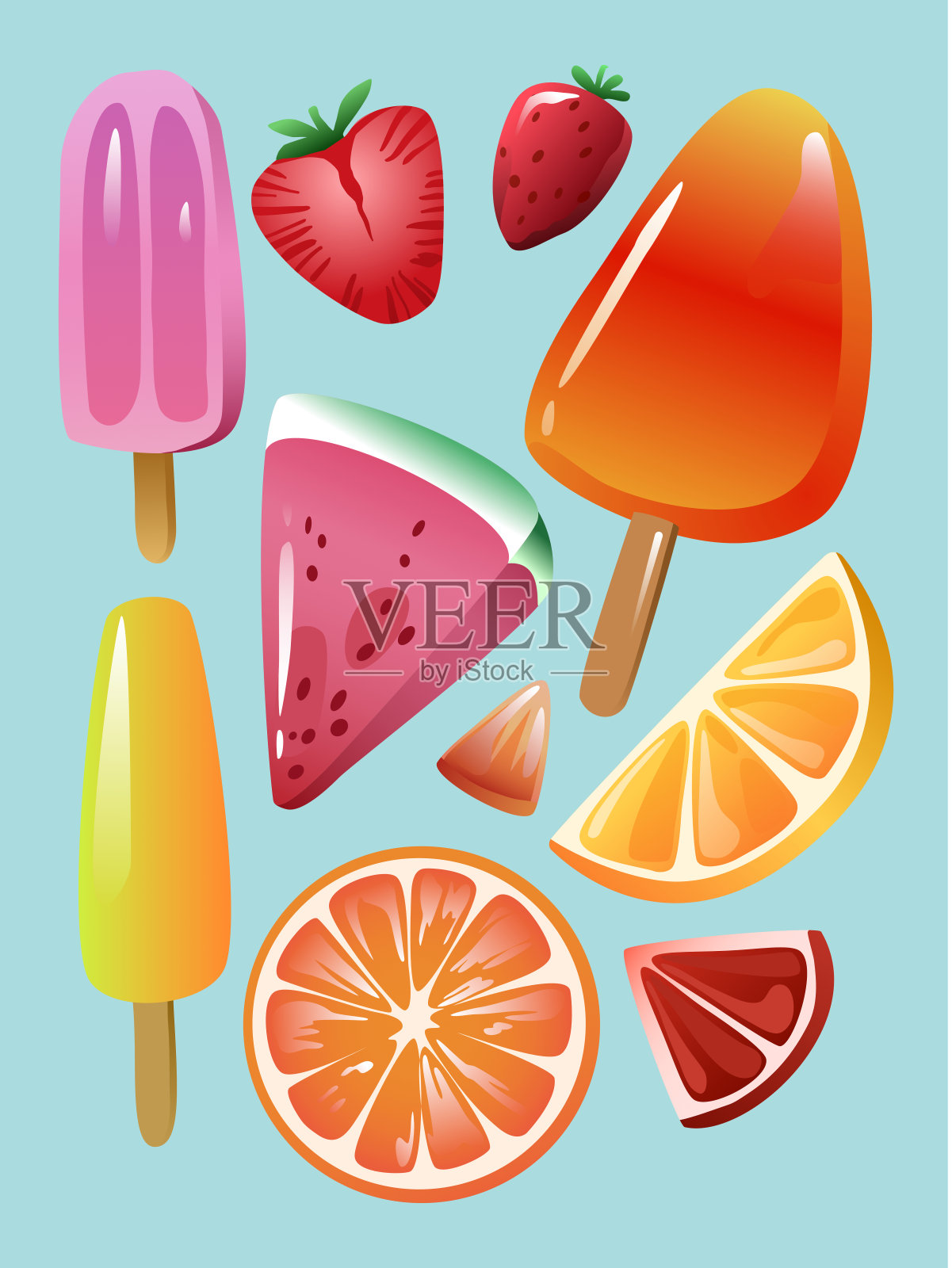 彩色冰淇淋的向量集。美味的甜点:柠檬，橙子，西瓜和草莓。夏天的氛围。用于海报，印刷，设计，贴纸插画图片素材
