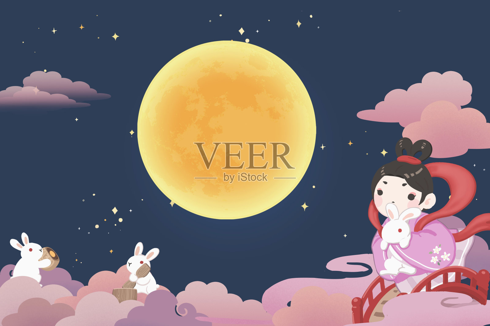 中秋节嫦娥奔月及玉兔捣药插画图片素材